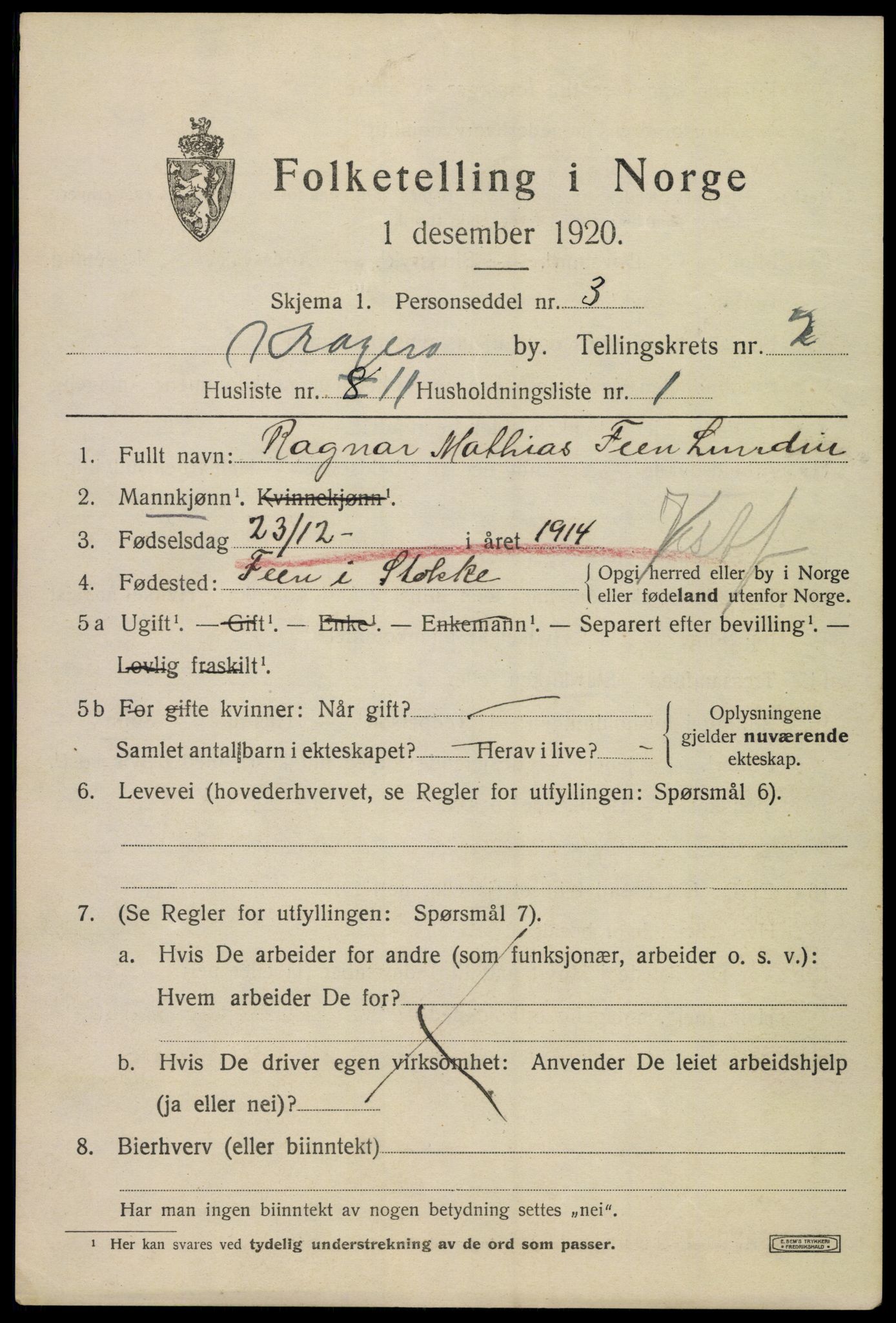 SAKO, 1920 census for Kragerø, 1920, p. 5445