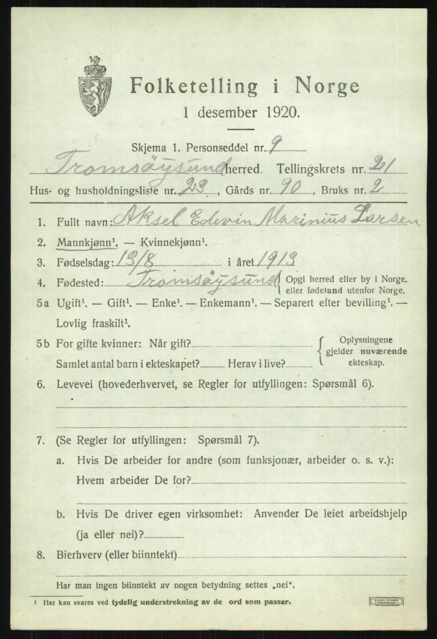 SATØ, 1920 census for Tromsøysund, 1920, p. 11258