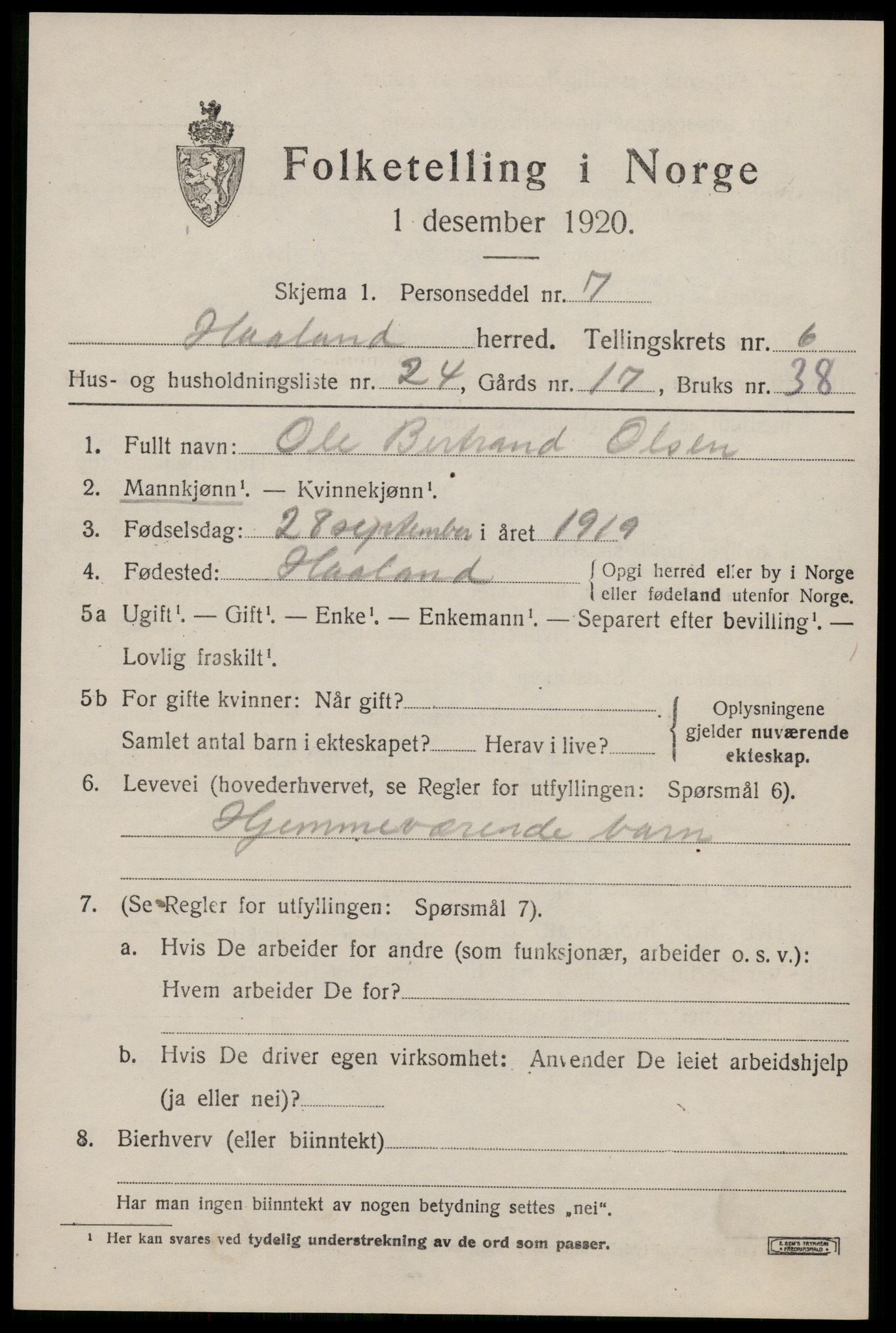 SAST, 1920 census for Håland, 1920, p. 5273