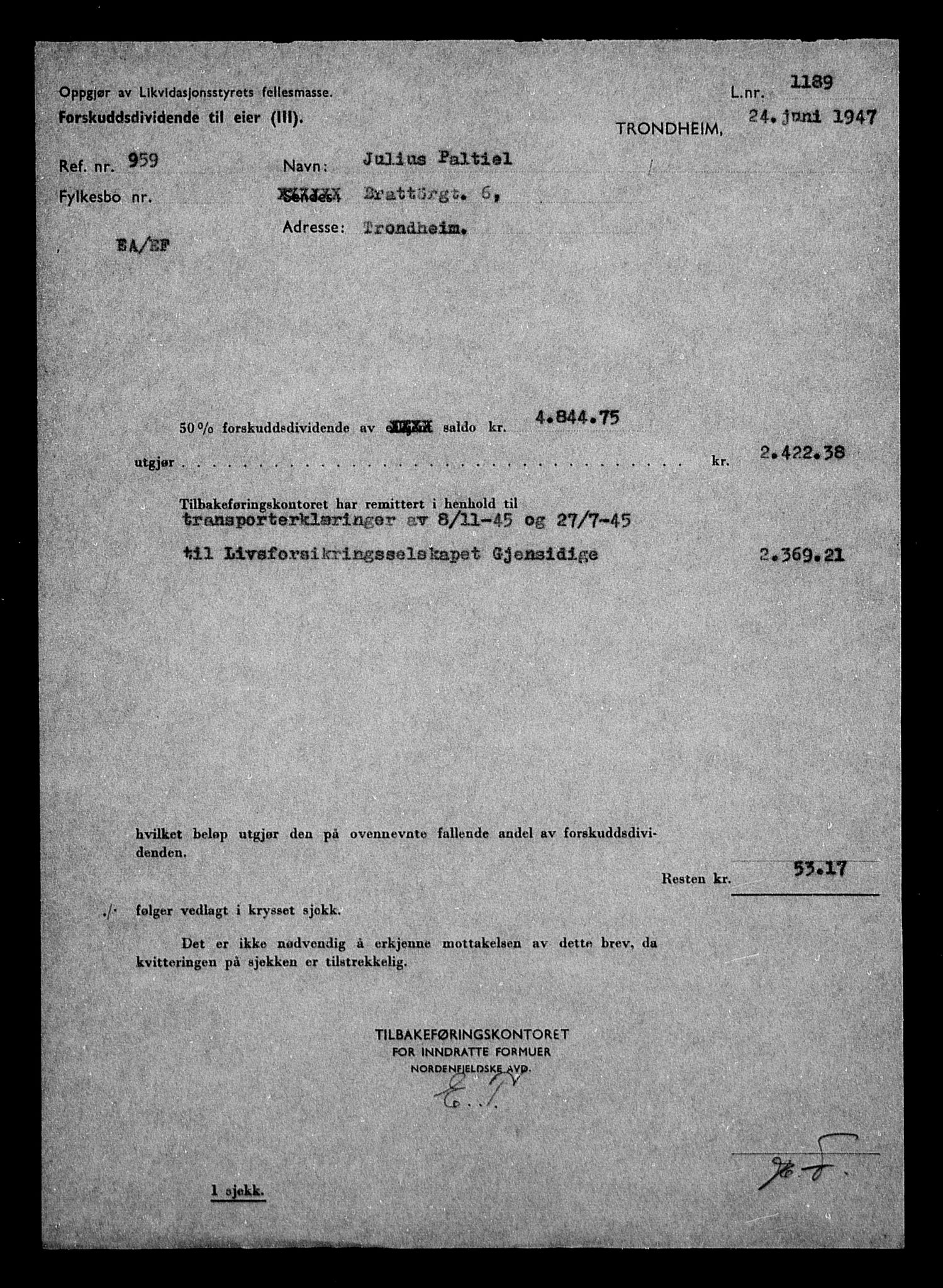 Justisdepartementet, Tilbakeføringskontoret for inndratte formuer, AV/RA-S-1564/H/Hc/Hca/L0906: --, 1945-1947, p. 316