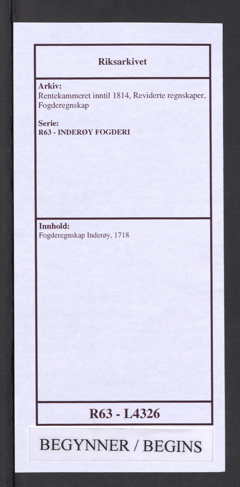 Rentekammeret inntil 1814, Reviderte regnskaper, Fogderegnskap, AV/RA-EA-4092/R63/L4326: Fogderegnskap Inderøy, 1718, p. 1