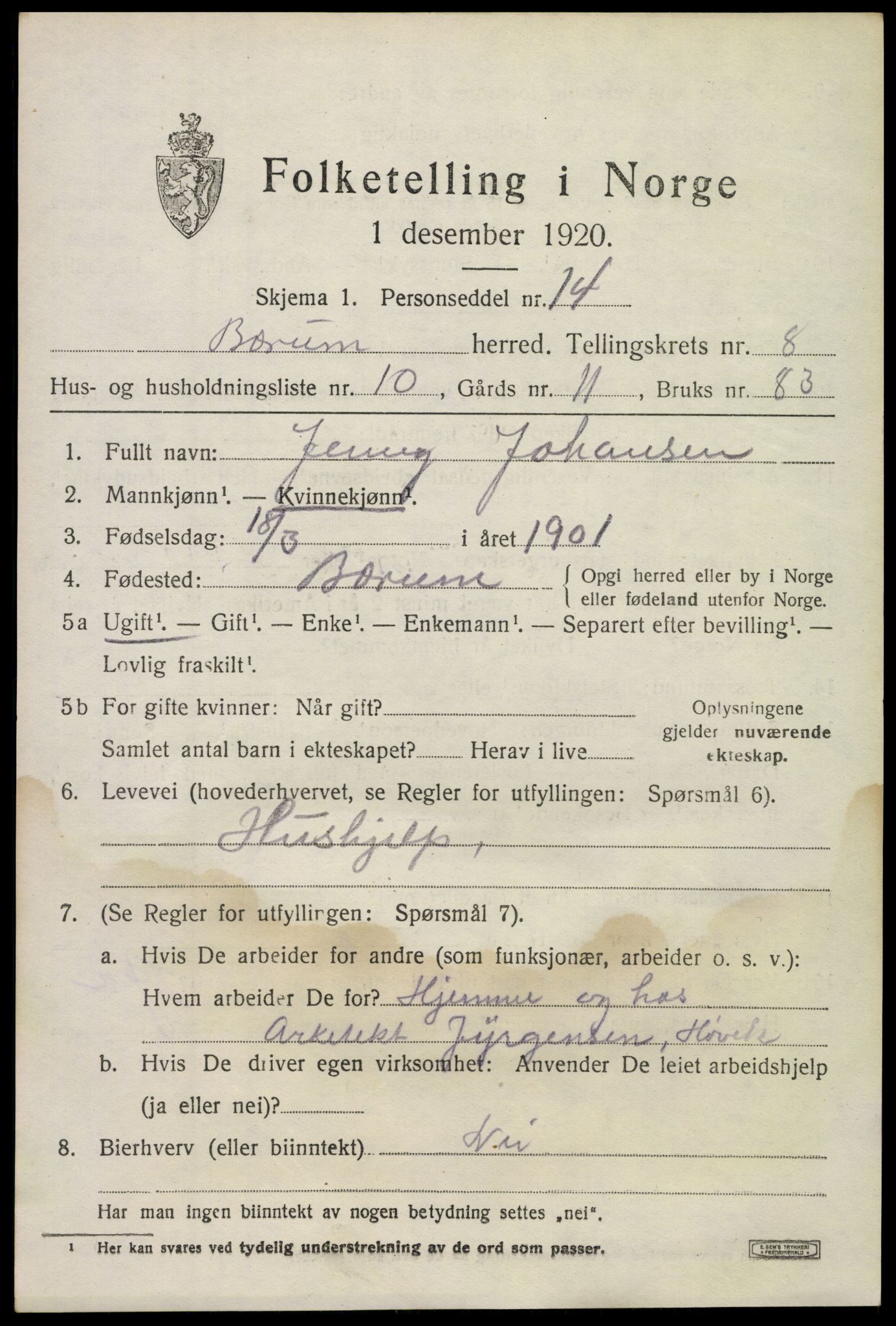 SAO, 1920 census for Bærum, 1920, p. 18406