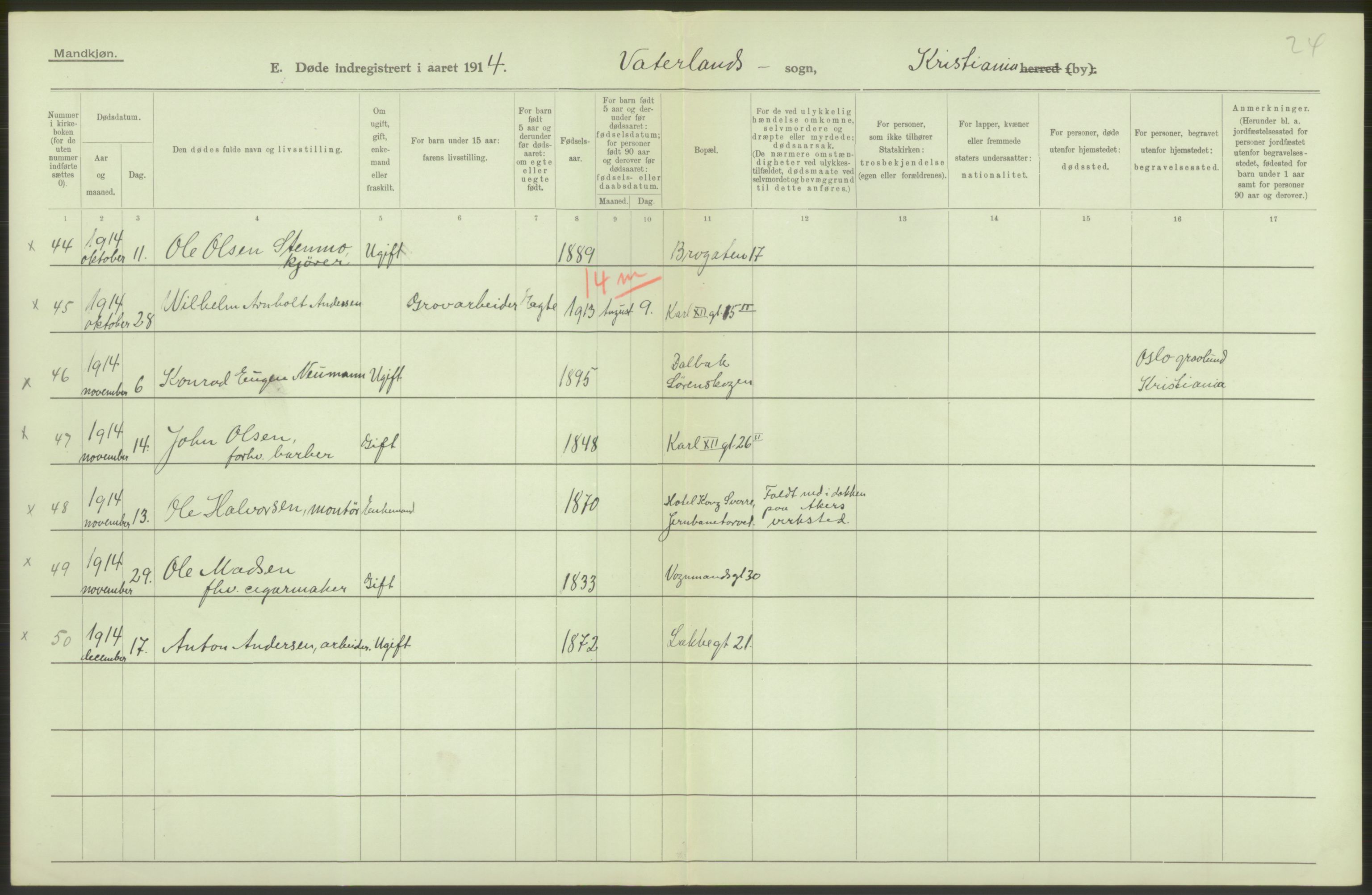 Statistisk sentralbyrå, Sosiodemografiske emner, Befolkning, AV/RA-S-2228/D/Df/Dfb/Dfbd/L0008: Kristiania: Døde, 1914, p. 212