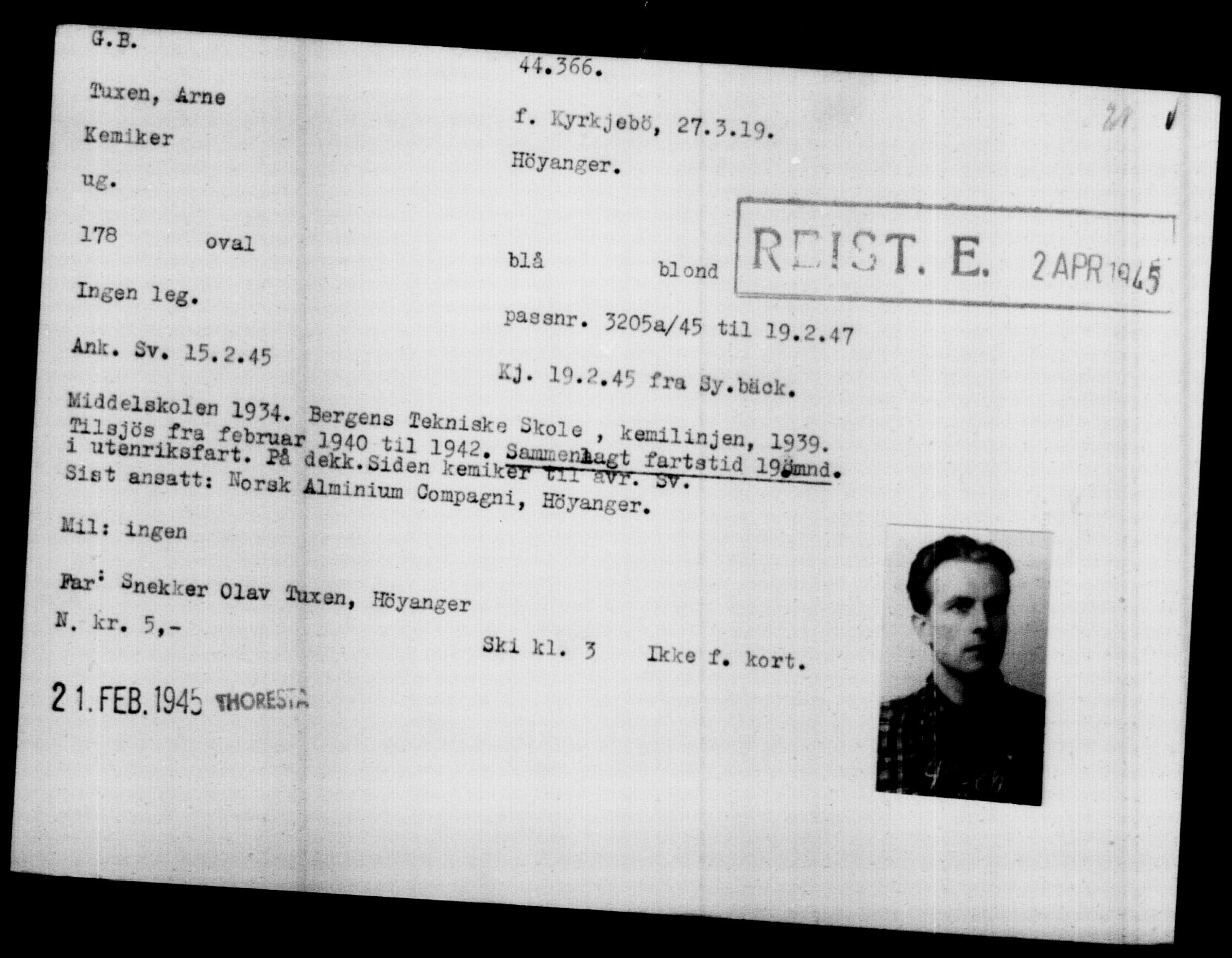 Utenriksstasjonene, Legasjonen i Stockholm, Flyktningkontoret, AV/RA-S-6753/V/Va/L0017: Kjesäterkartoteket, flyktninger med registreringsnr. 43400-46318, 1940-1945, p. 1012