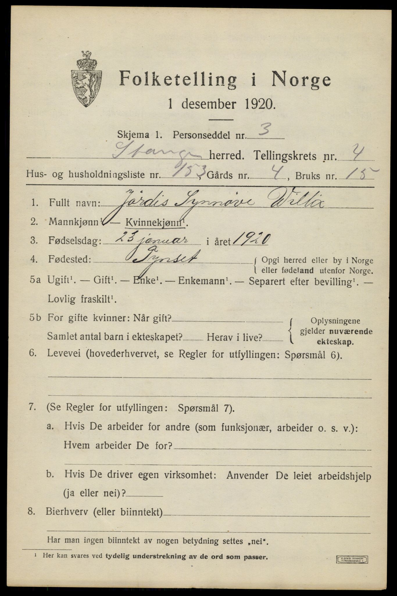 SAH, 1920 census for Stange, 1920, p. 8901