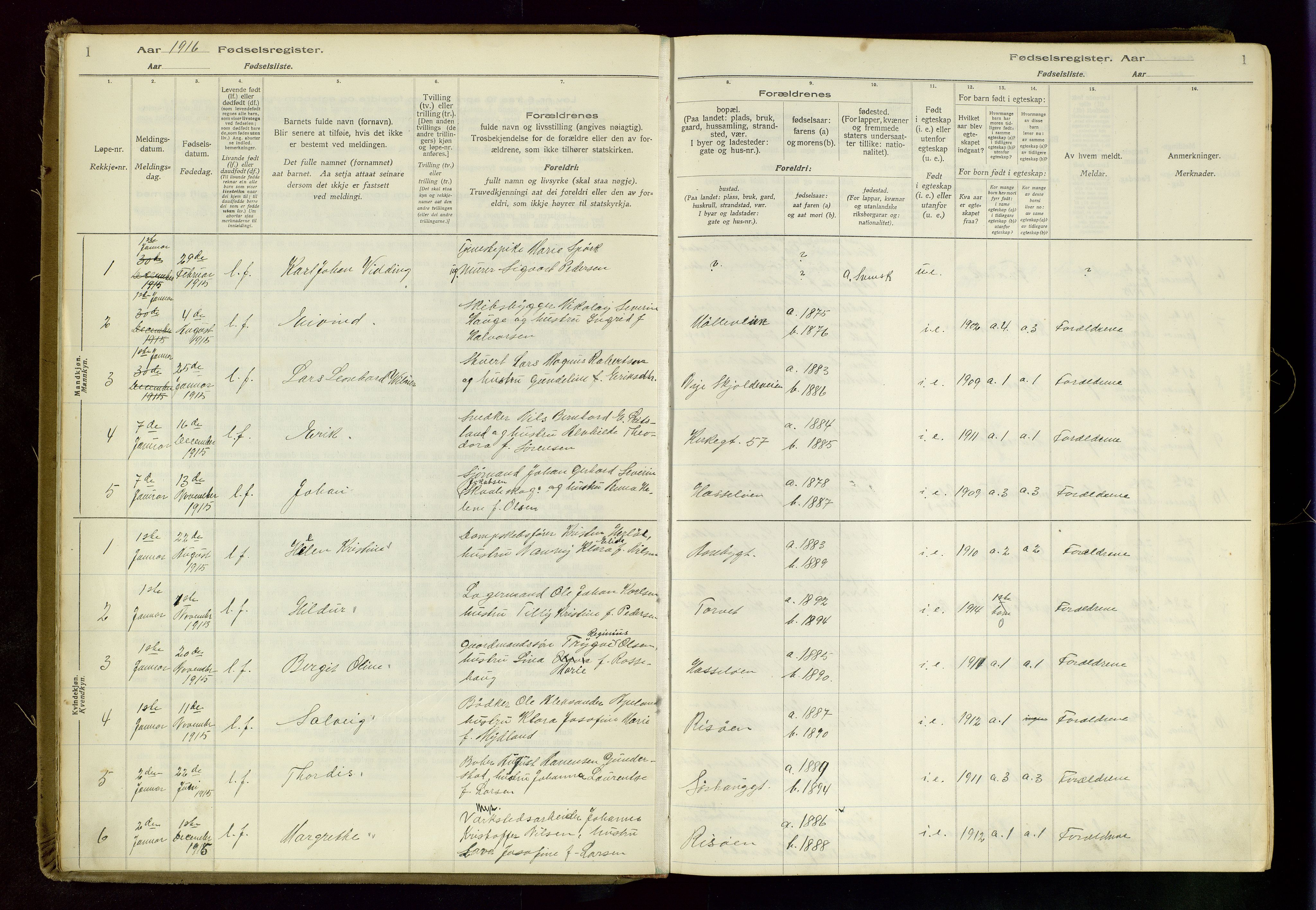 Haugesund sokneprestkontor, SAST/A -101863/I/Id/L0003: Birth register no. 1, 1916-1919, p. 1