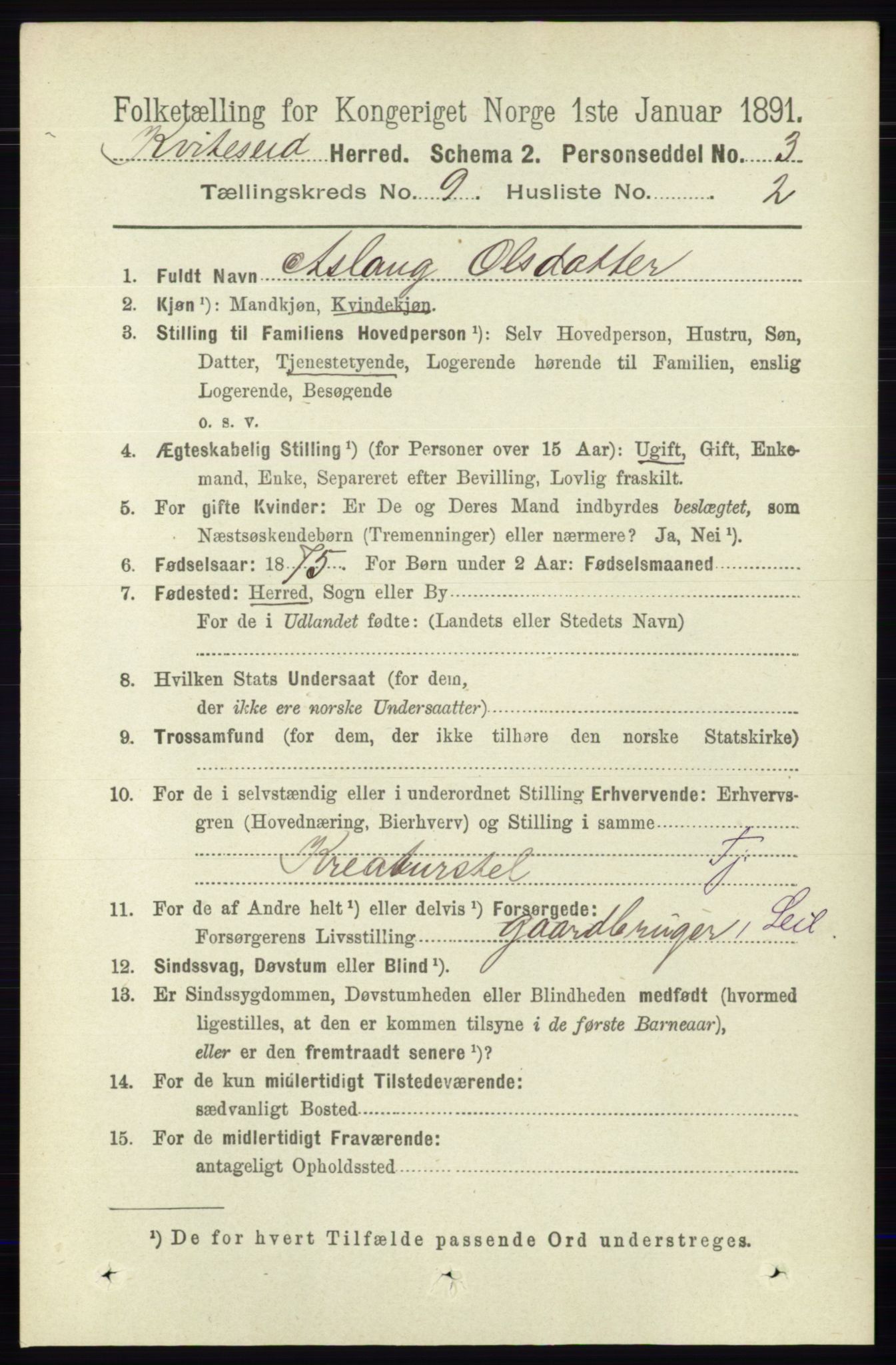 RA, 1891 census for 0829 Kviteseid, 1891, p. 1998