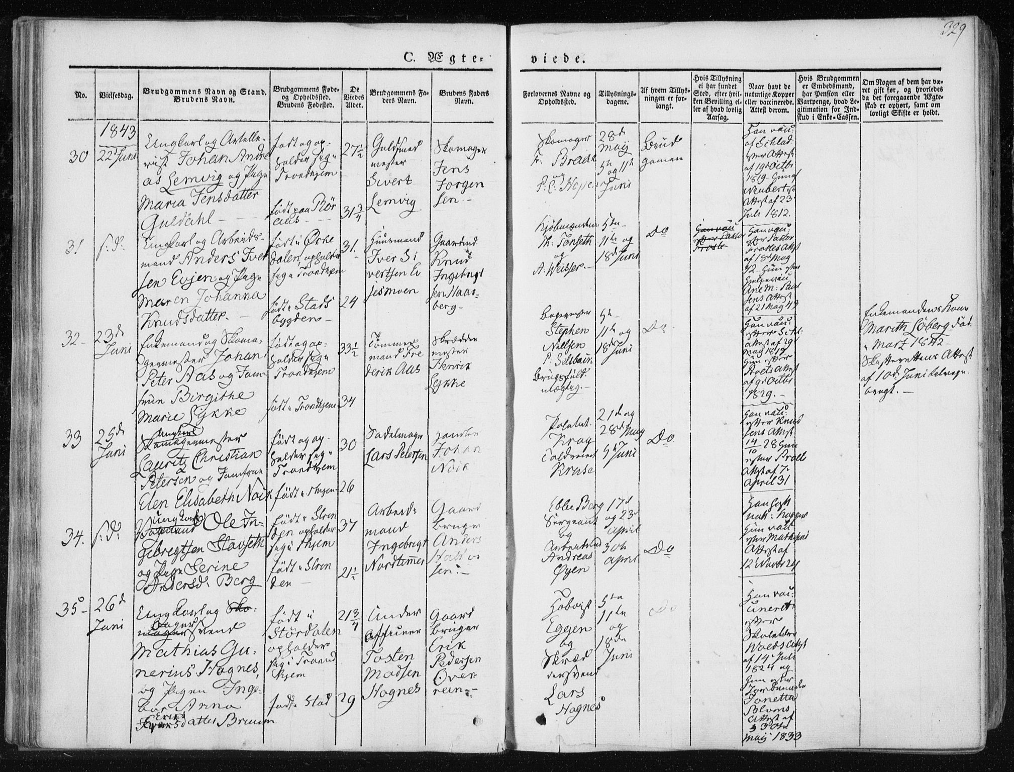 Ministerialprotokoller, klokkerbøker og fødselsregistre - Sør-Trøndelag, SAT/A-1456/601/L0049: Parish register (official) no. 601A17, 1839-1847, p. 329