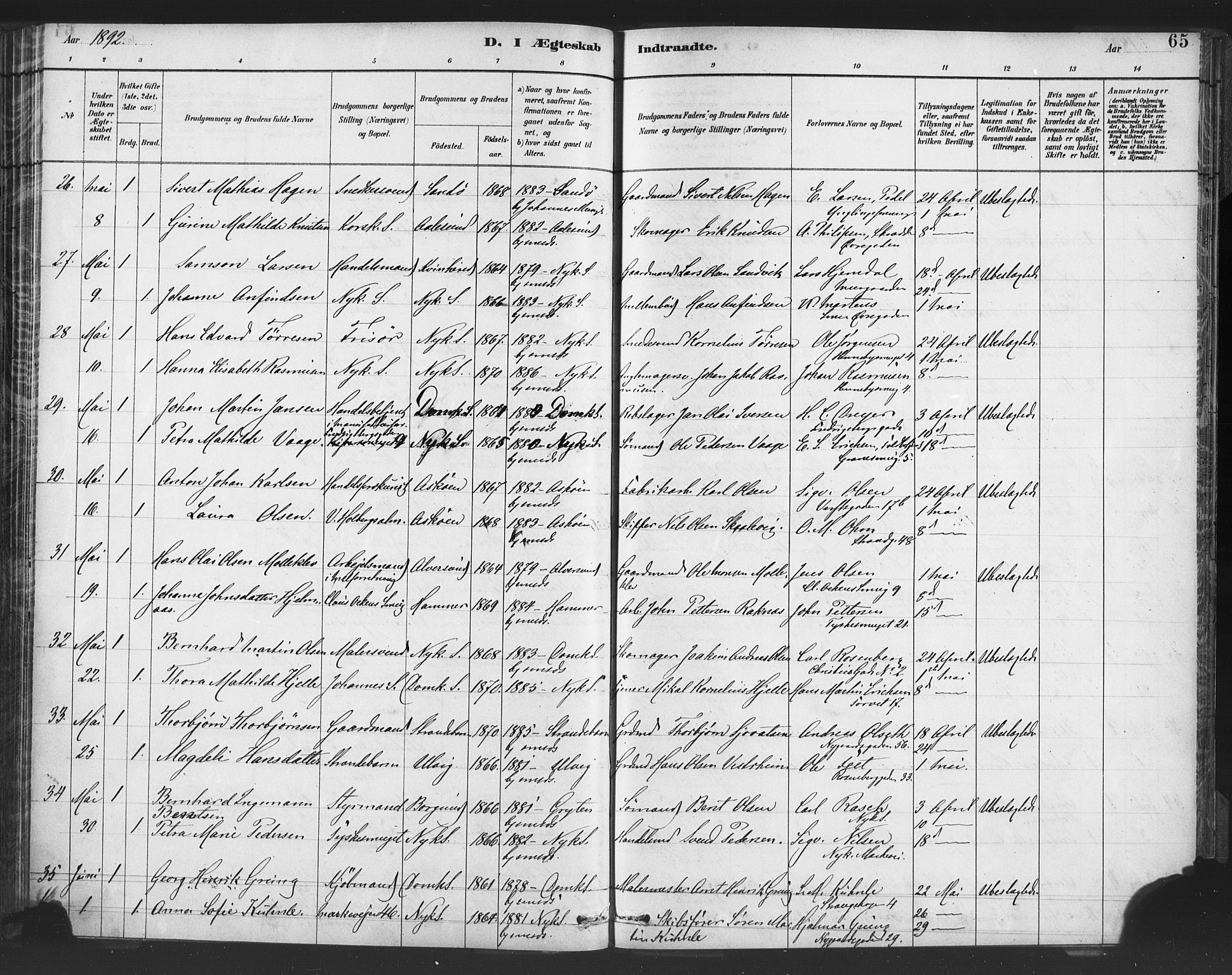 Nykirken Sokneprestembete, AV/SAB-A-77101/H/Haa/L0033: Parish register (official) no. D 3, 1884-1895, p. 65