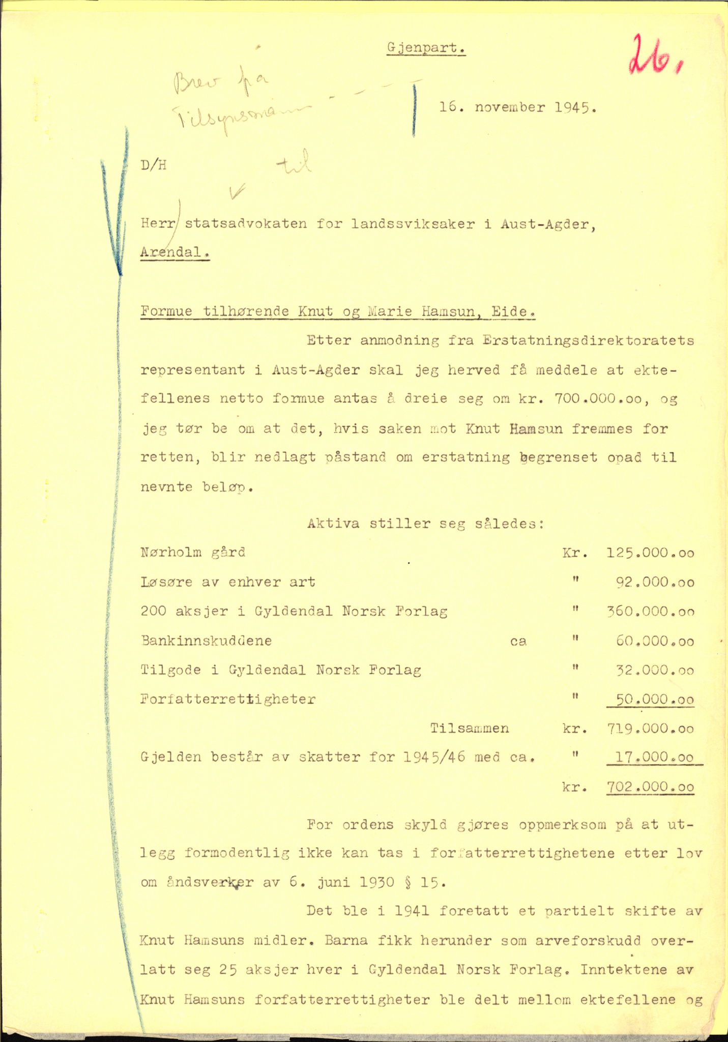 Landssvikarkivet, Arendal politikammer, RA/S-3138-25/D/Dc/L0029: Anr. 192/45, 1945-1951, p. 320