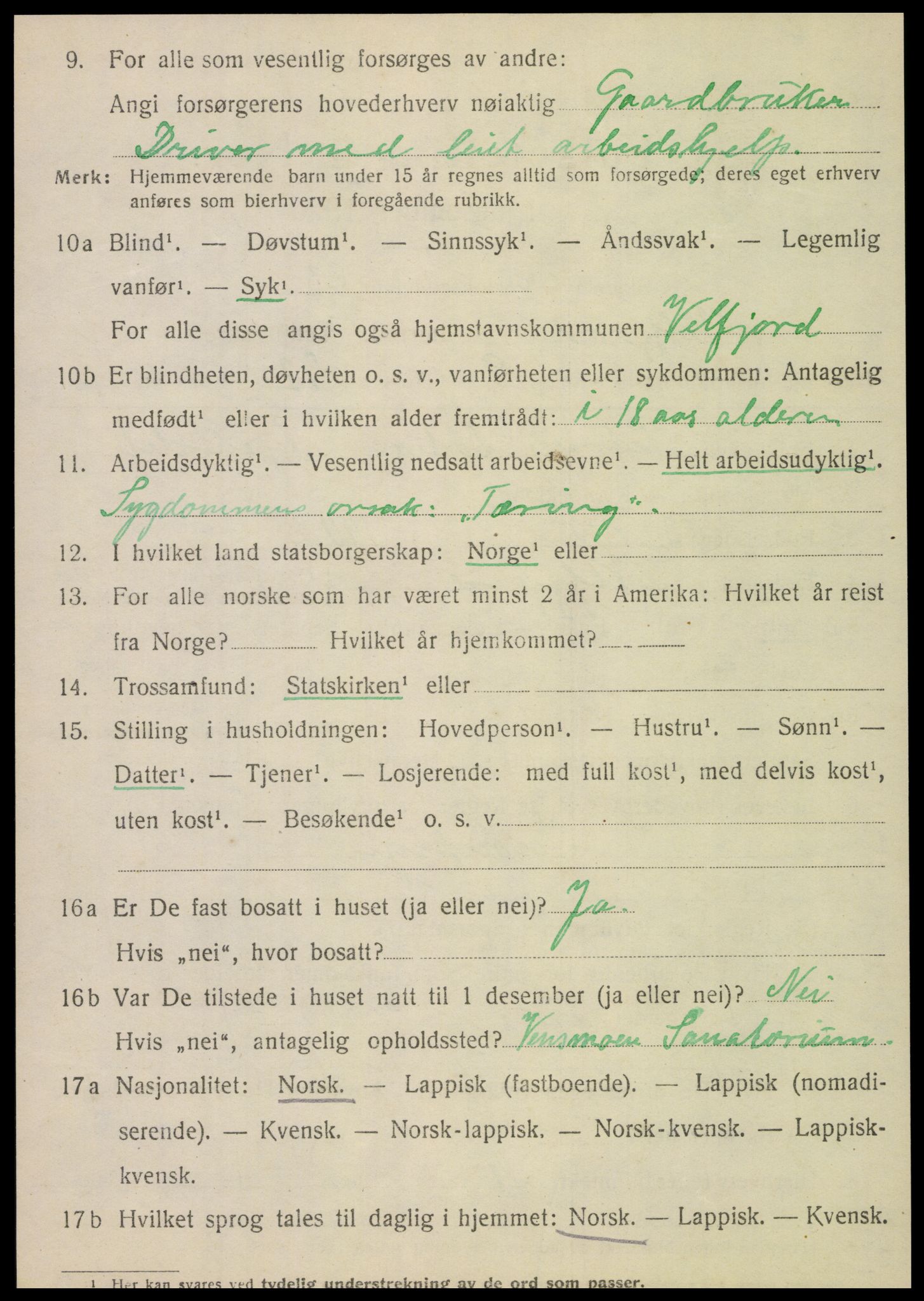 SAT, 1920 census for Velfjord, 1920, p. 3494