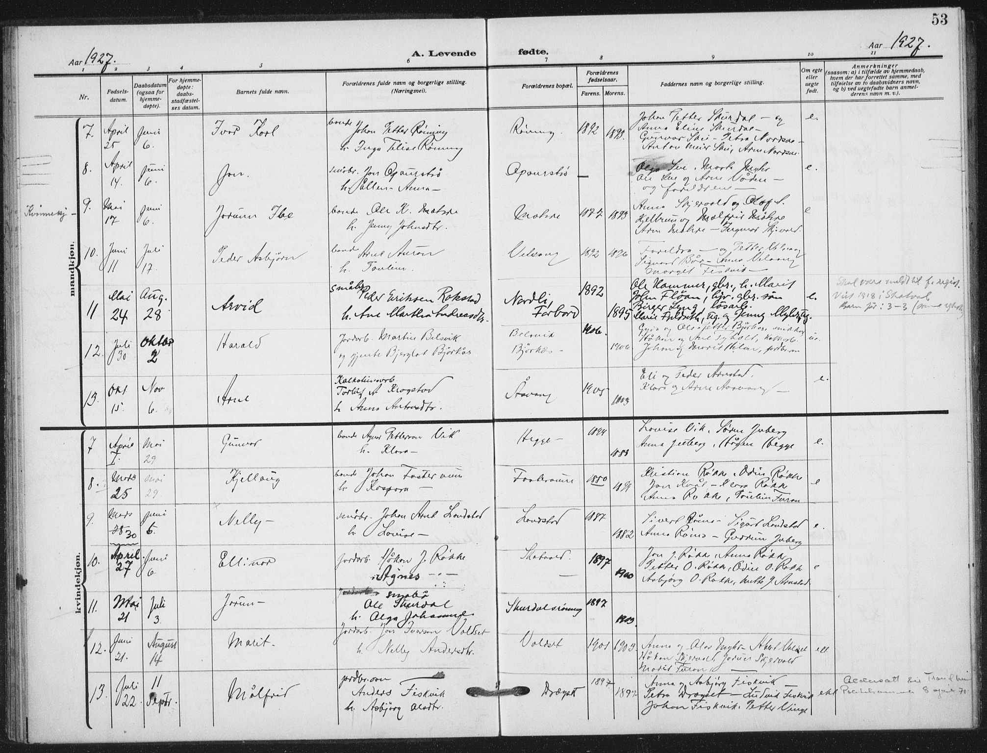 Ministerialprotokoller, klokkerbøker og fødselsregistre - Nord-Trøndelag, AV/SAT-A-1458/712/L0102: Parish register (official) no. 712A03, 1916-1929, p. 53