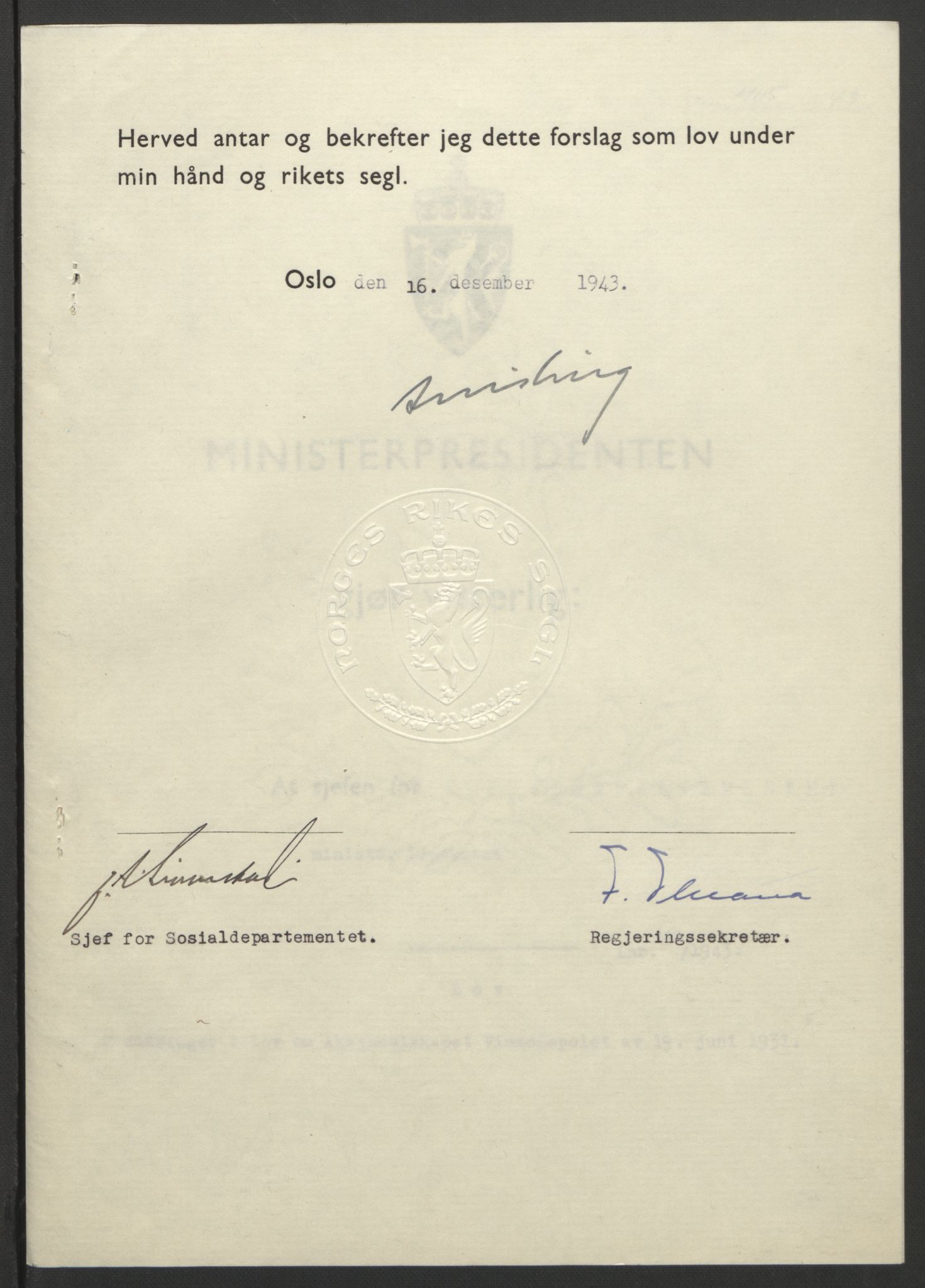 NS-administrasjonen 1940-1945 (Statsrådsekretariatet, de kommisariske statsråder mm), AV/RA-S-4279/D/Db/L0099: Lover, 1943, p. 761