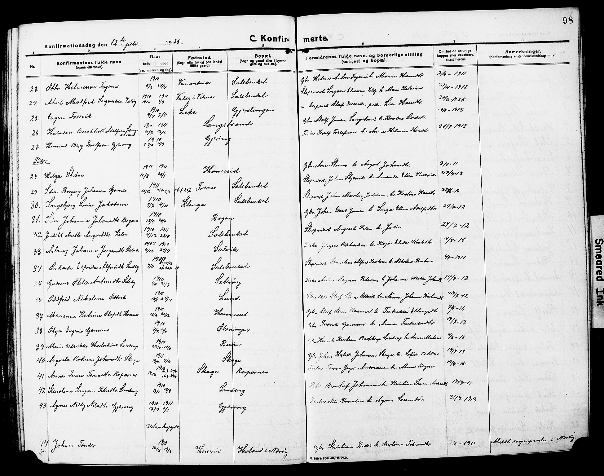 Ministerialprotokoller, klokkerbøker og fødselsregistre - Nord-Trøndelag, AV/SAT-A-1458/780/L0653: Parish register (copy) no. 780C05, 1911-1927, p. 98