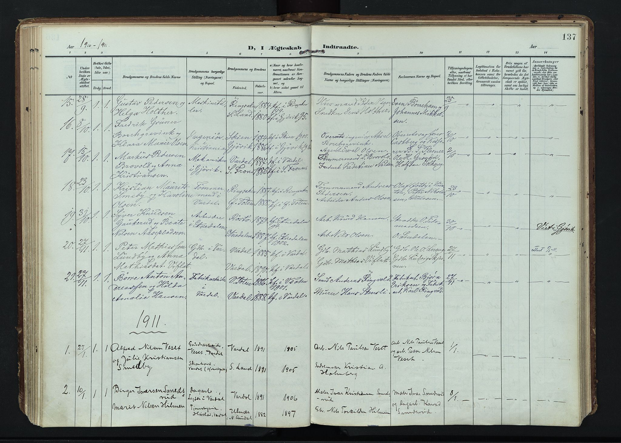 Vardal prestekontor, SAH/PREST-100/H/Ha/Haa/L0020: Parish register (official) no. 20, 1907-1921, p. 137