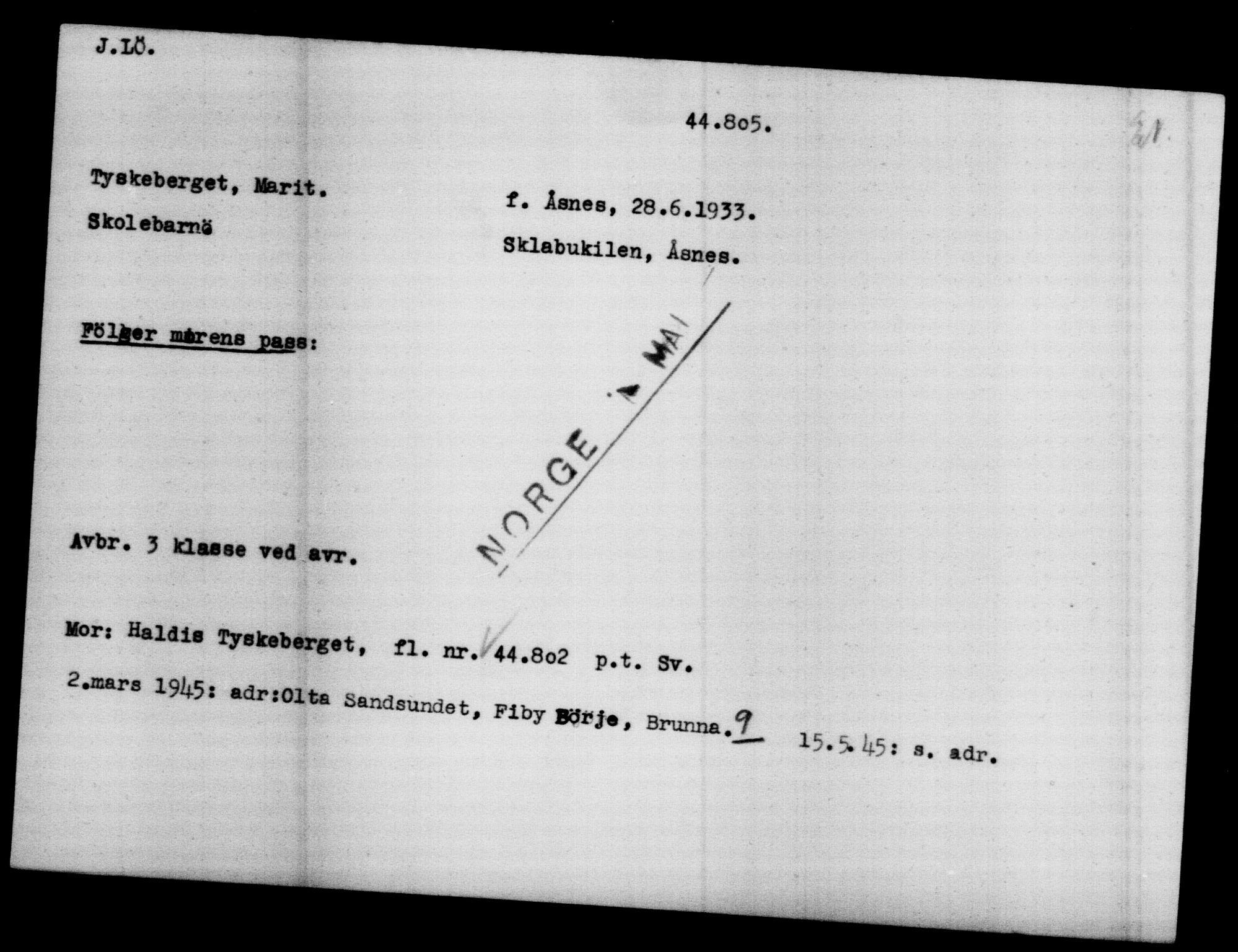 Utenriksstasjonene, Legasjonen i Stockholm, Flyktningkontoret, AV/RA-S-6753/V/Va/L0017: Kjesäterkartoteket, flyktninger med registreringsnr. 43400-46318, 1940-1945, p. 1474