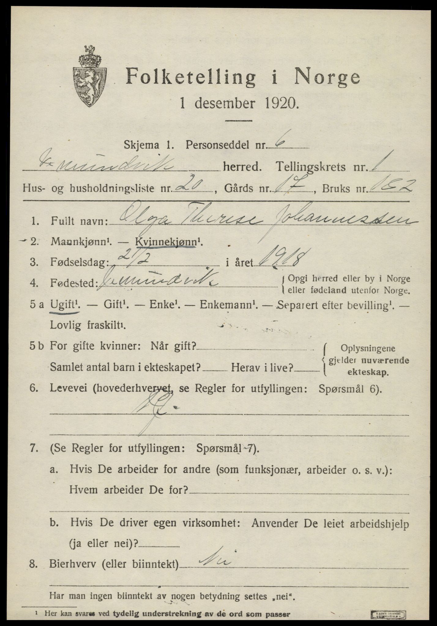 SAT, 1920 census for Vemundvik, 1920, p. 1013