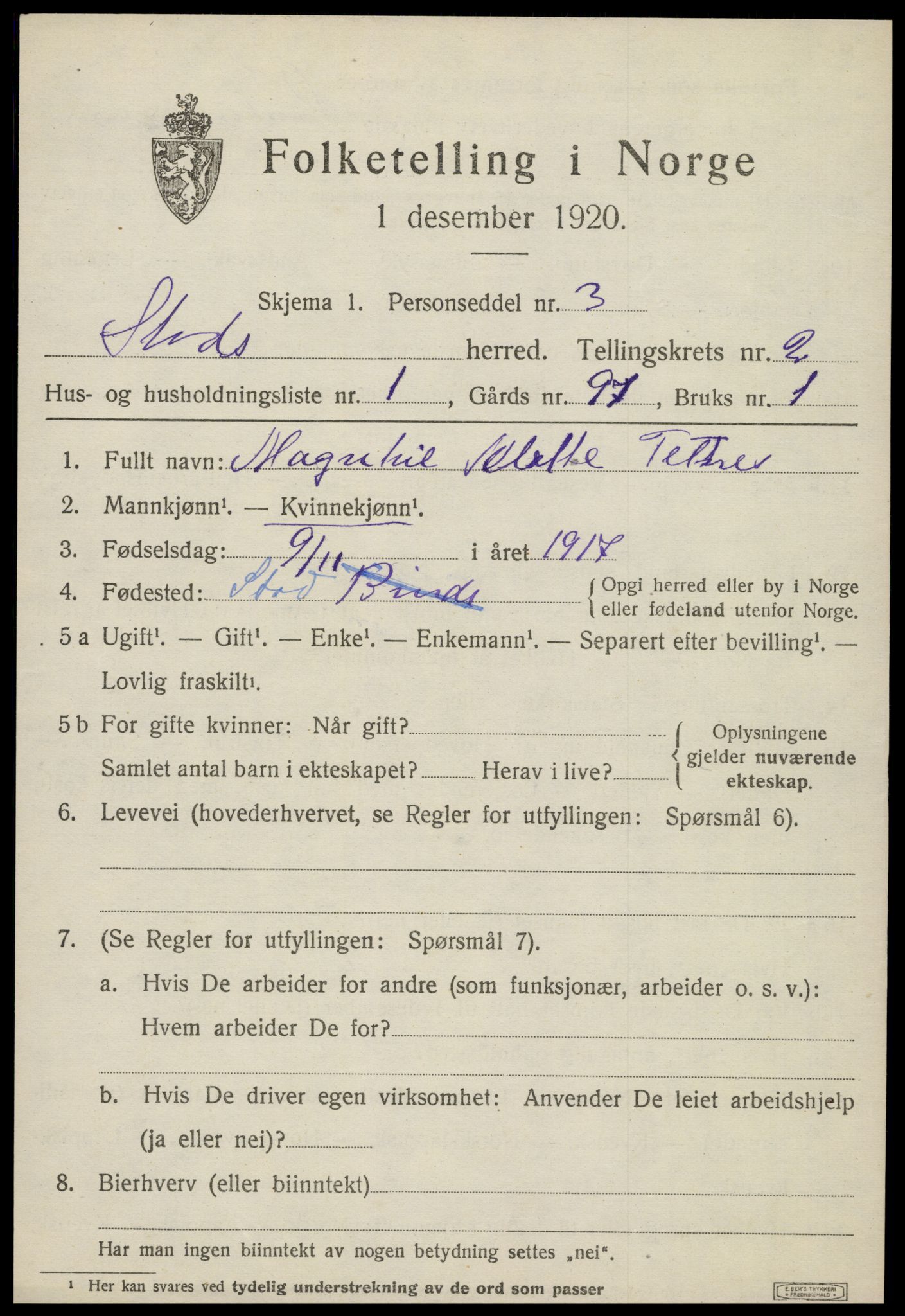 SAT, 1920 census for Stod, 1920, p. 1282