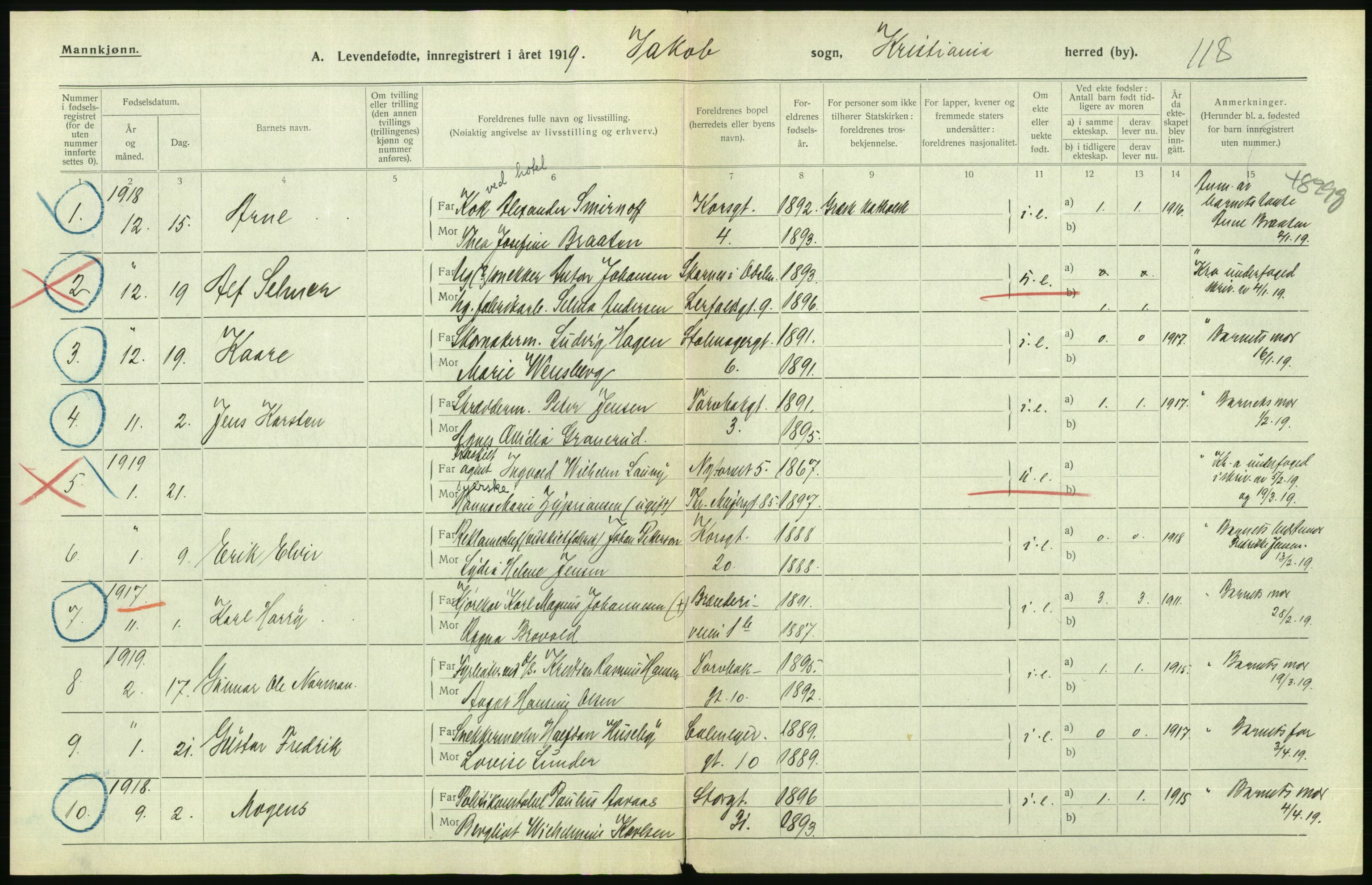 Statistisk sentralbyrå, Sosiodemografiske emner, Befolkning, AV/RA-S-2228/D/Df/Dfb/Dfbi/L0008: Kristiania: Levendefødte menn og kvinner., 1919