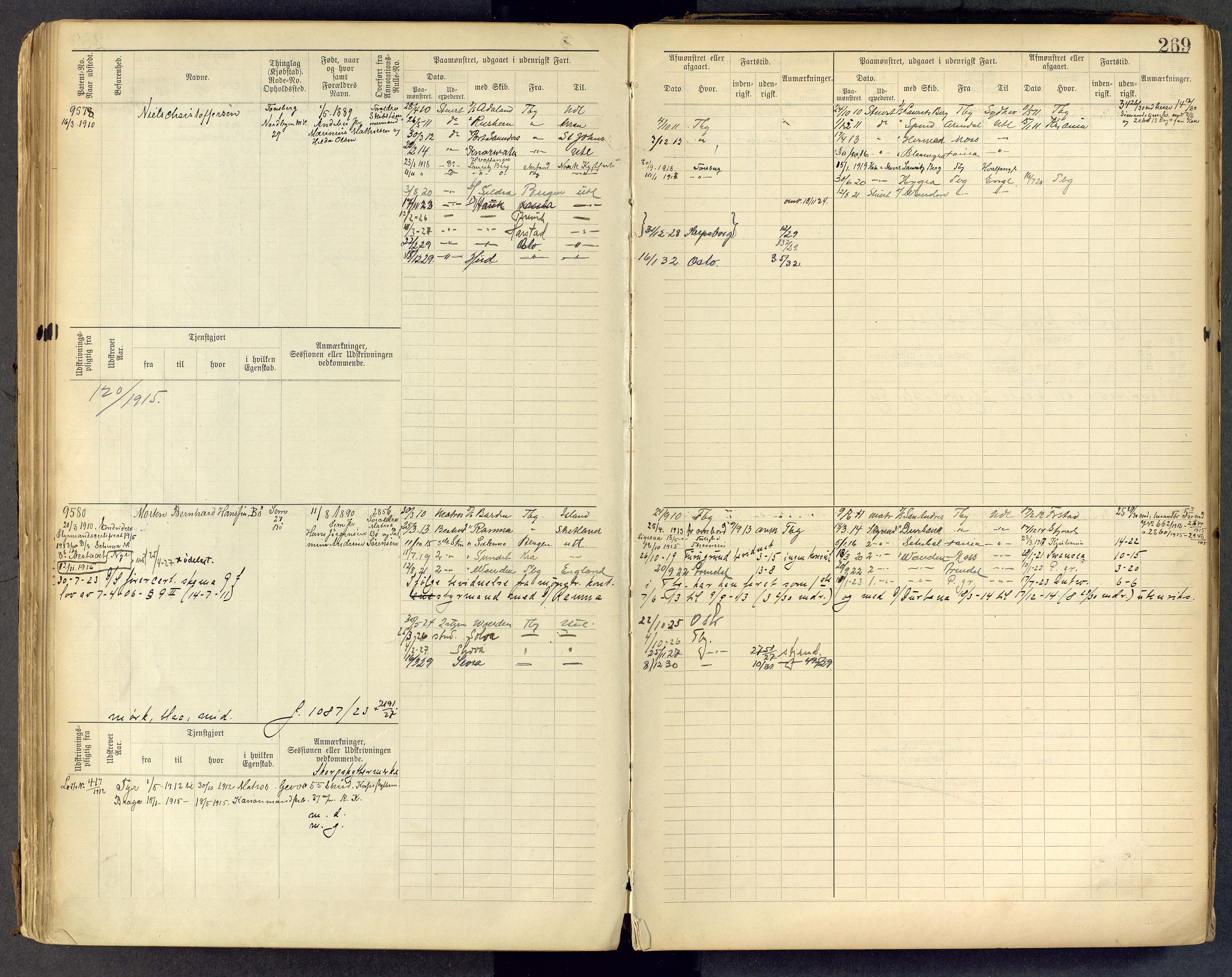 Tønsberg innrulleringskontor, AV/SAKO-A-786/F/Fc/Fcb/L0009: Hovedrulle Patent nr. 9043-9992, 1900-1921, p. 269