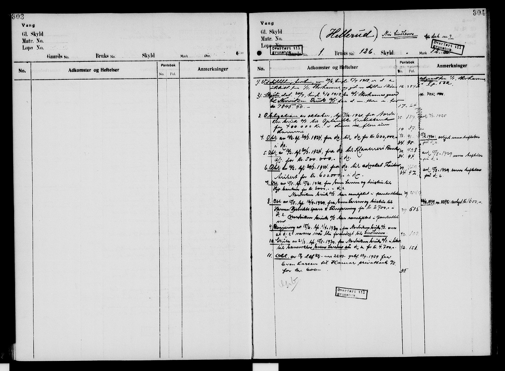 Nord-Hedmark sorenskriveri, SAH/TING-012/H/Ha/Had/Hade/L0005: Mortgage register no. 4.5, 1916-1940, p. 303-304