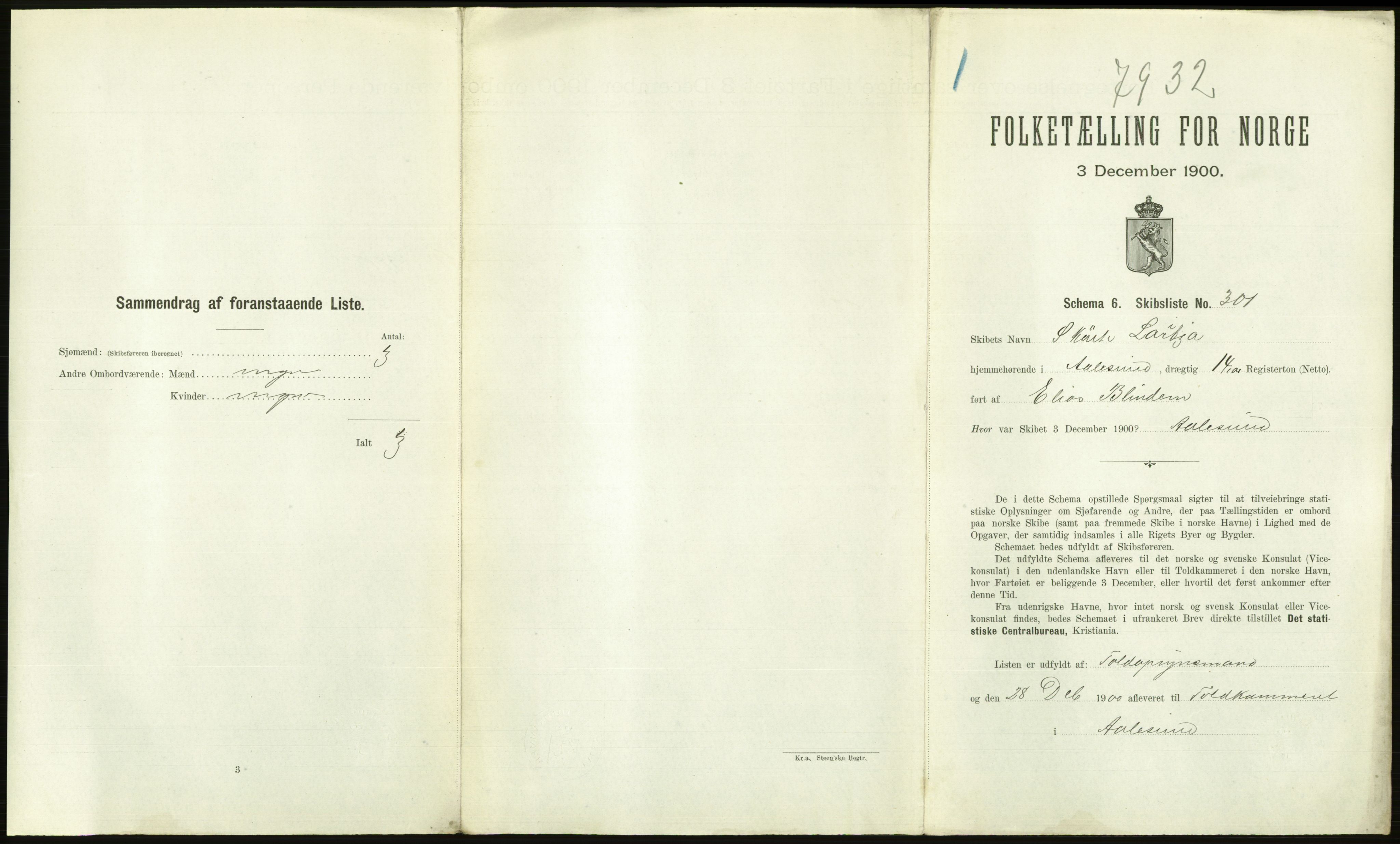 RA, 1900 Census - ship lists from ships in Norwegian harbours, harbours abroad and at sea, 1900, p. 2099