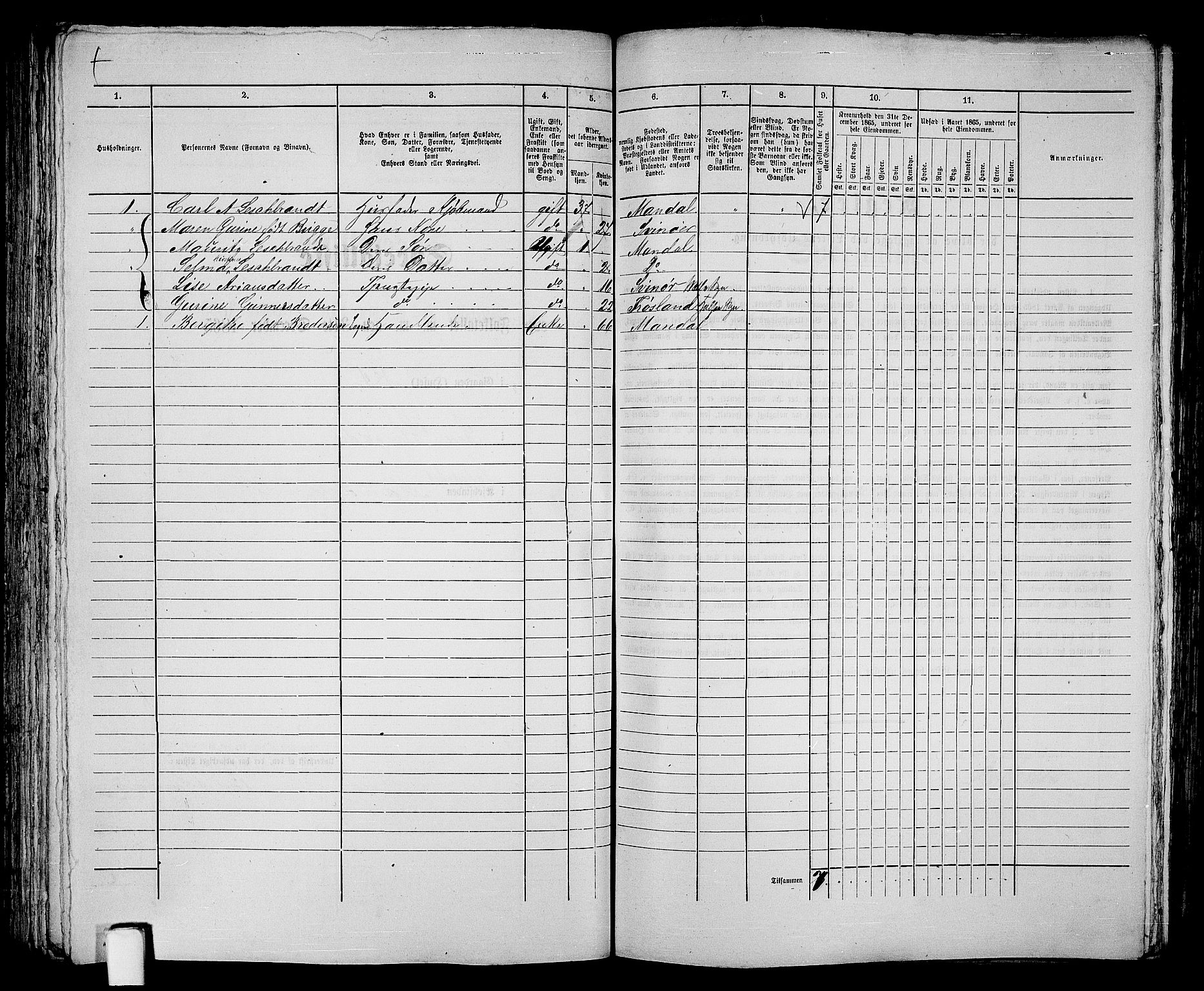 RA, 1865 census for Mandal/Mandal, 1865, p. 124