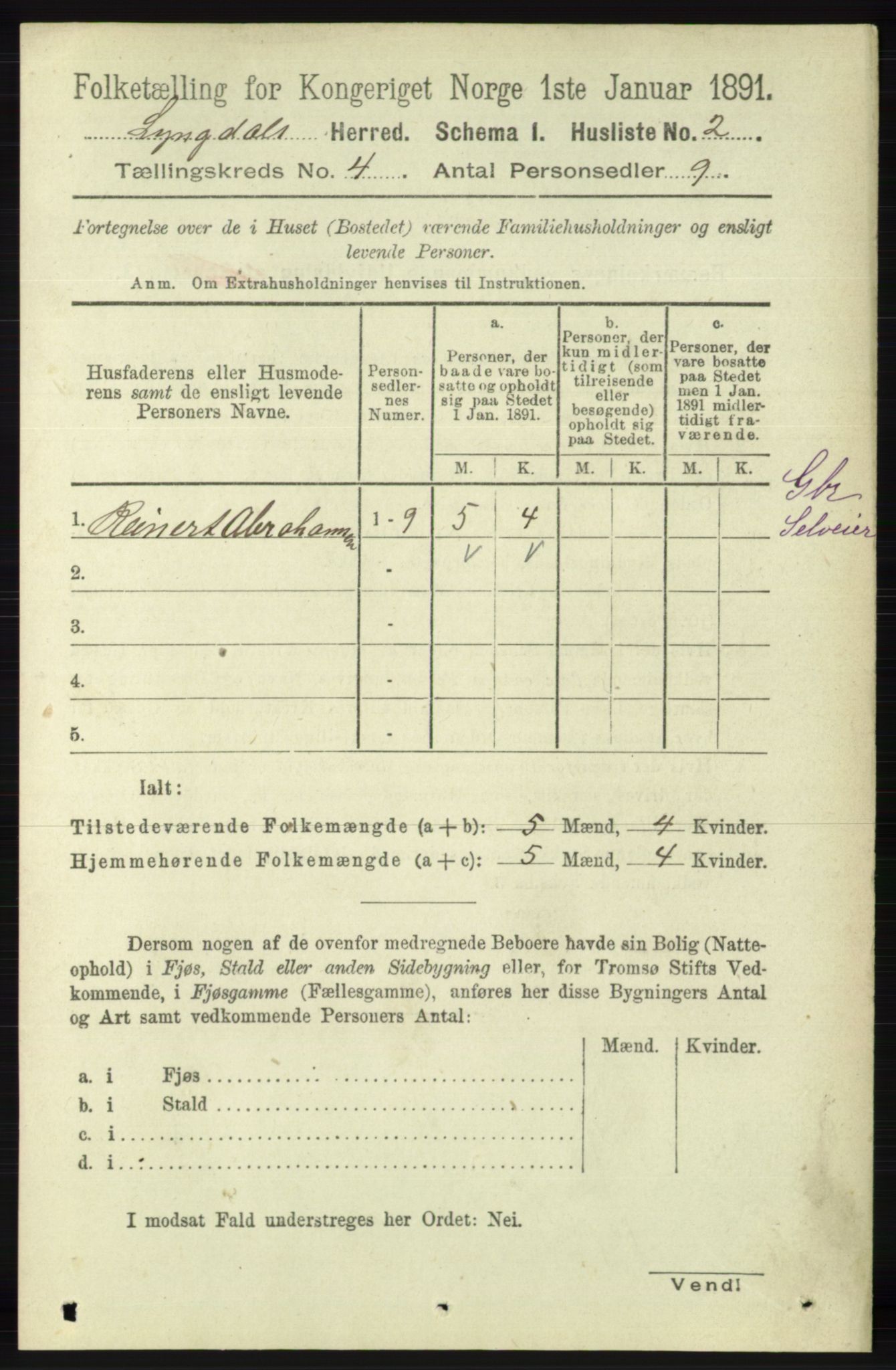 RA, 1891 census for 1032 Lyngdal, 1891, p. 1355