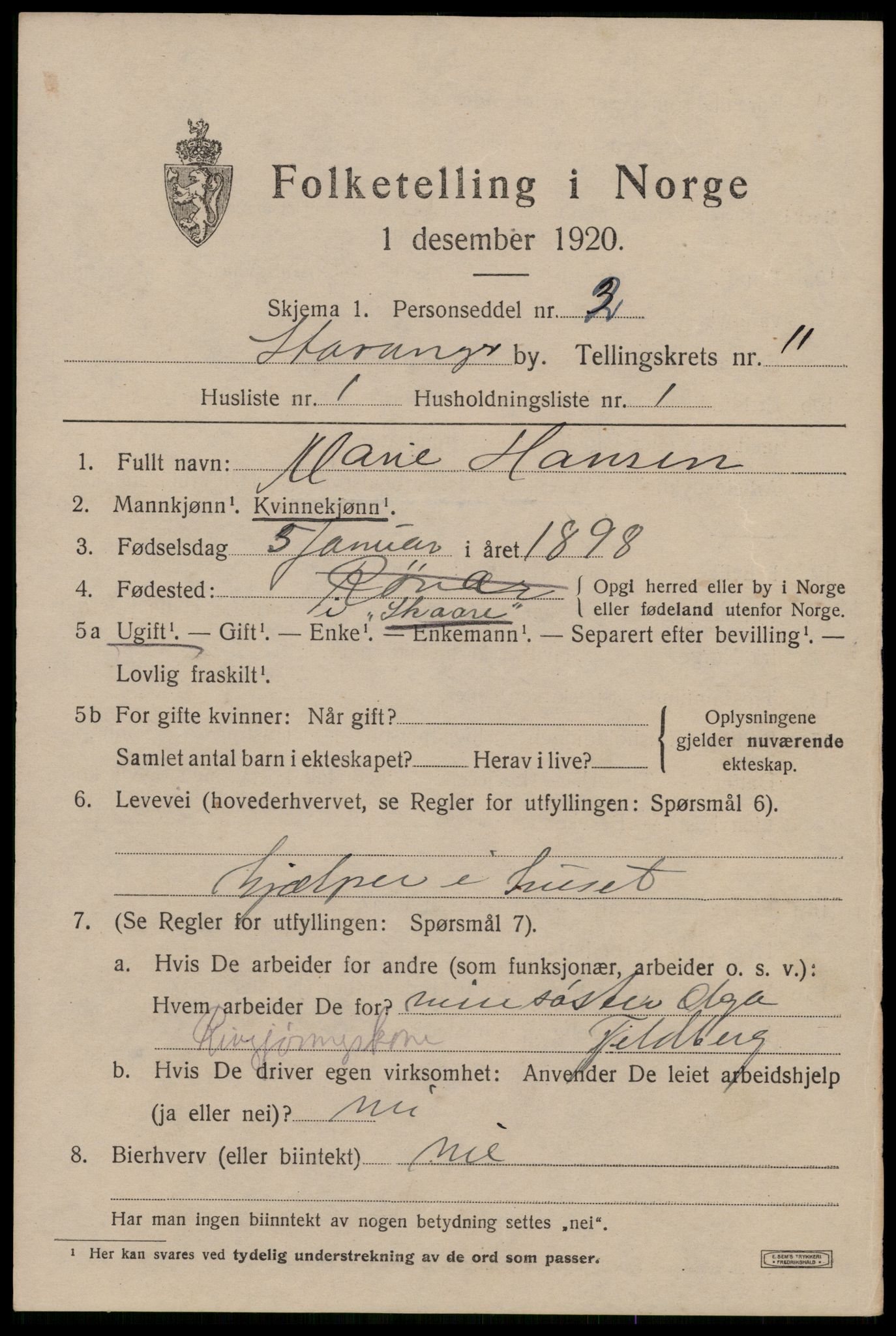 SAST, 1920 census for Stavanger, 1920, p. 53656