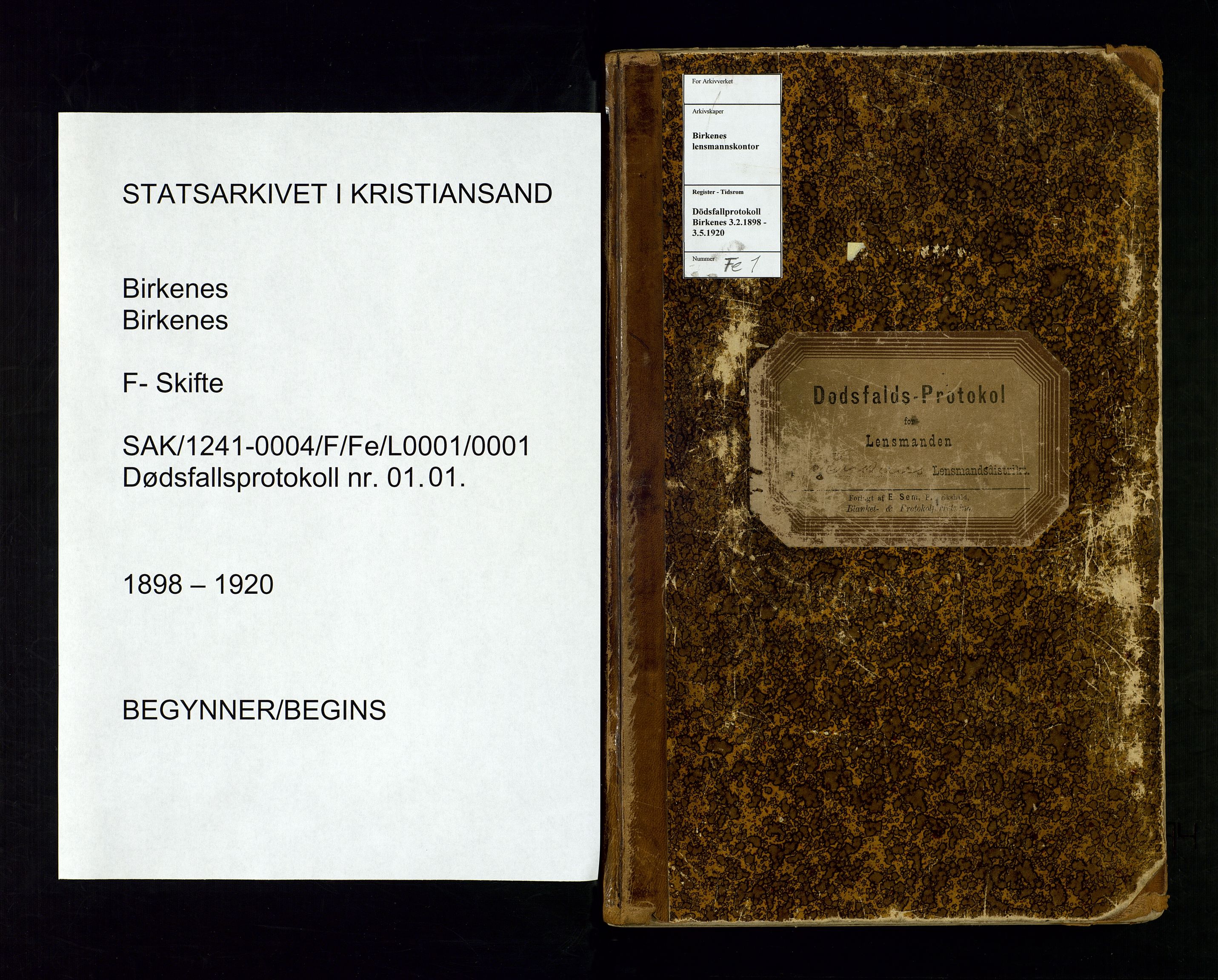Birkenes lensmannskontor, SAK/1241-0004/F/Fe/L0001/0001: Dødsfallsprotokoller / Dødsfallsprotokoll, 1898-1920