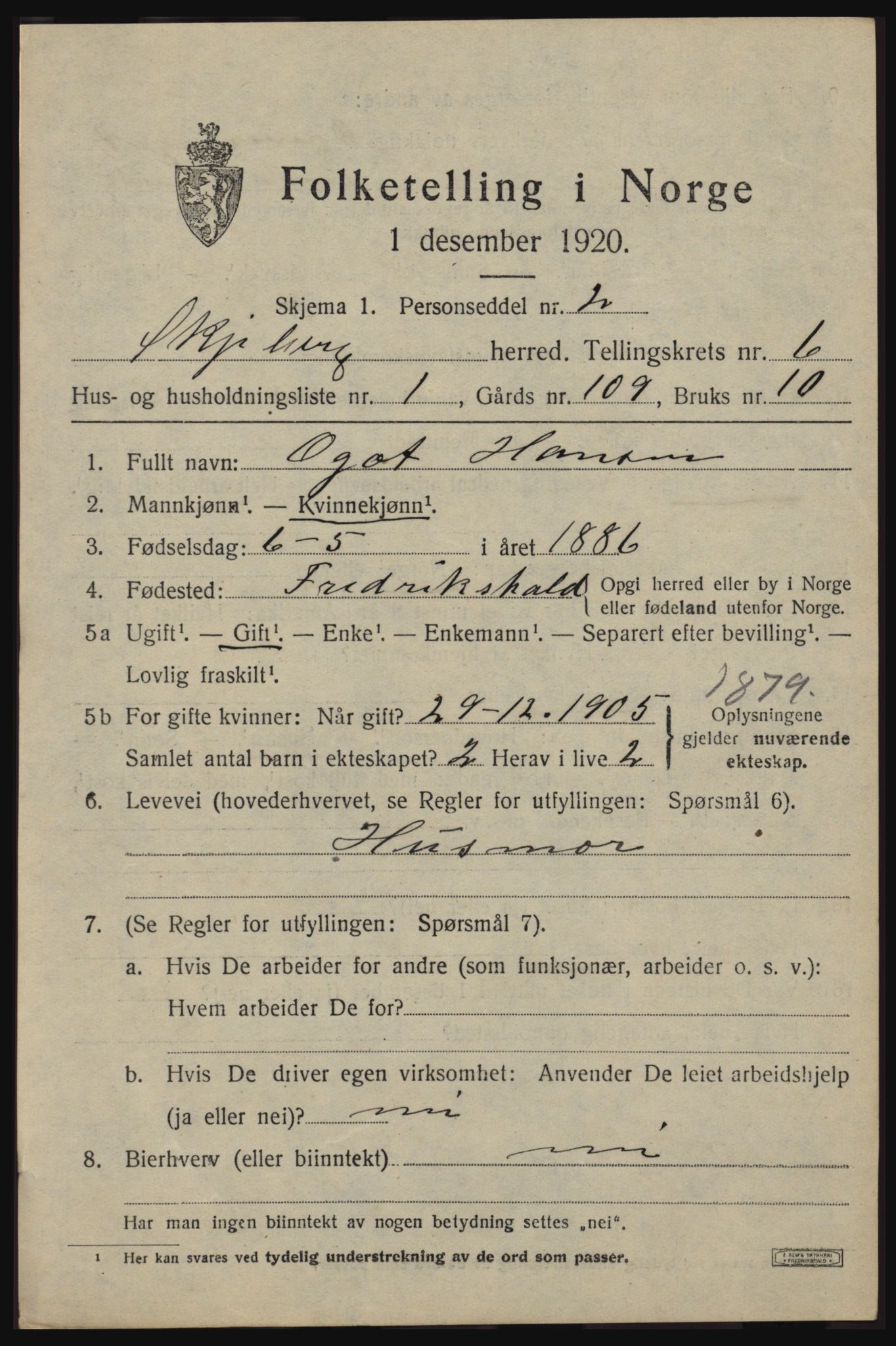 SAO, 1920 census for Skjeberg, 1920, p. 6601