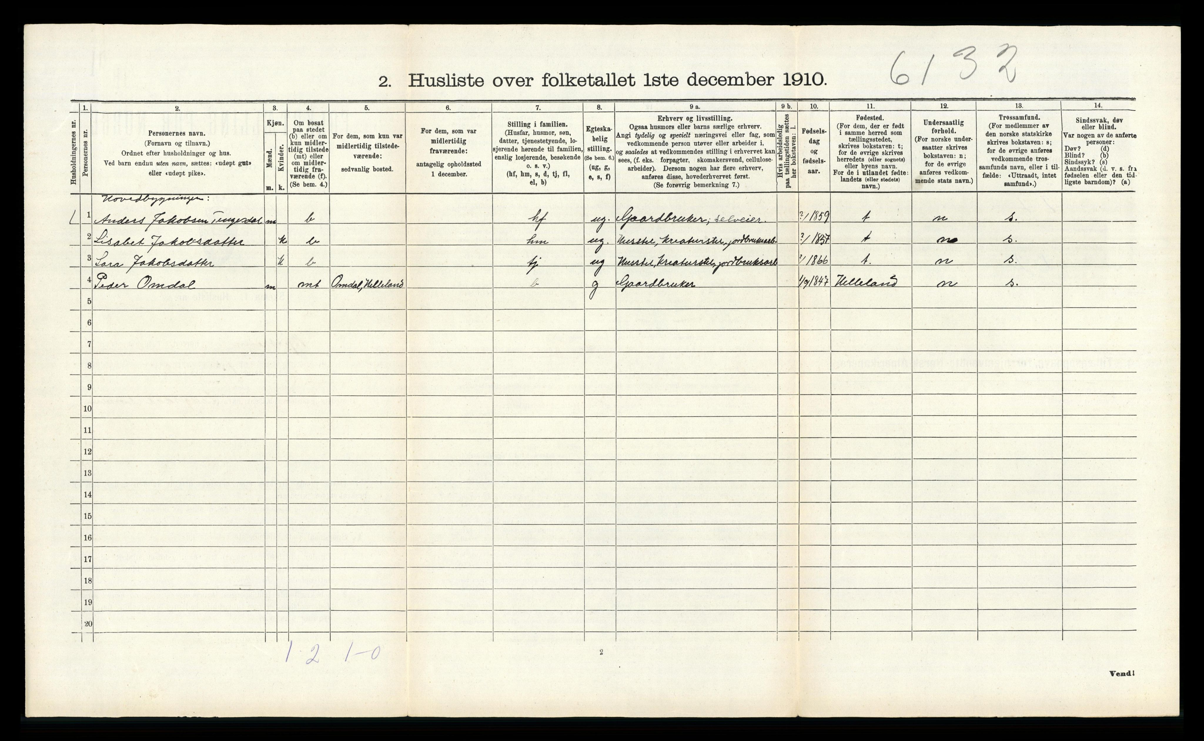 RA, 1910 census for Bjerkreim, 1910, p. 67