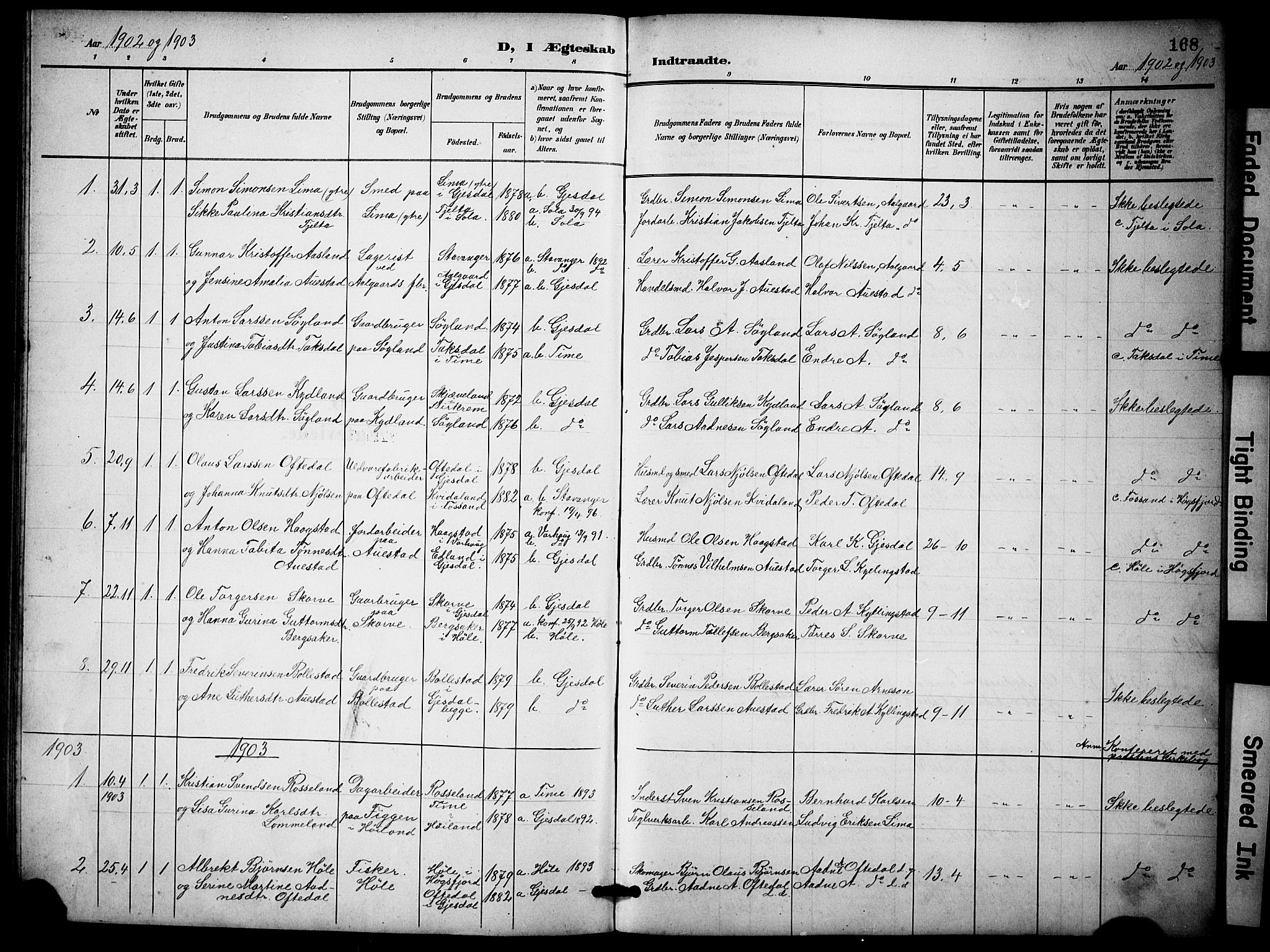 Lye sokneprestkontor, SAST/A-101794/001/30BB/L0009: Parish register (copy) no. B 9, 1902-1923, p. 168