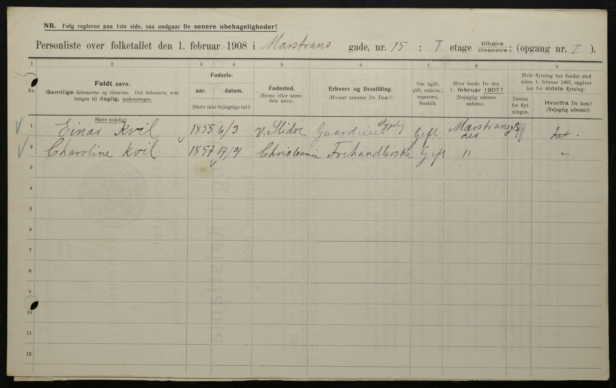 OBA, Municipal Census 1908 for Kristiania, 1908, p. 58078