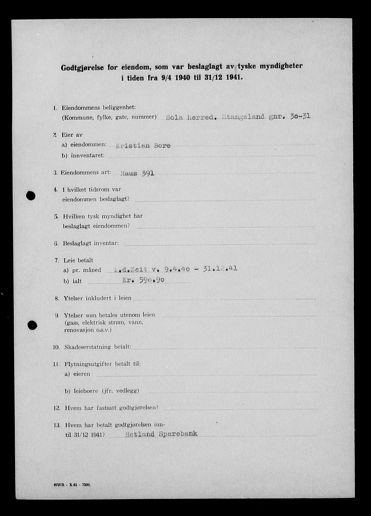 Justisdepartementet, Tilbakeføringskontoret for inndratte formuer, AV/RA-S-1564/I/L1014: Godtgjørelse for beslaglagt eiendom, 1940-1941, p. 196
