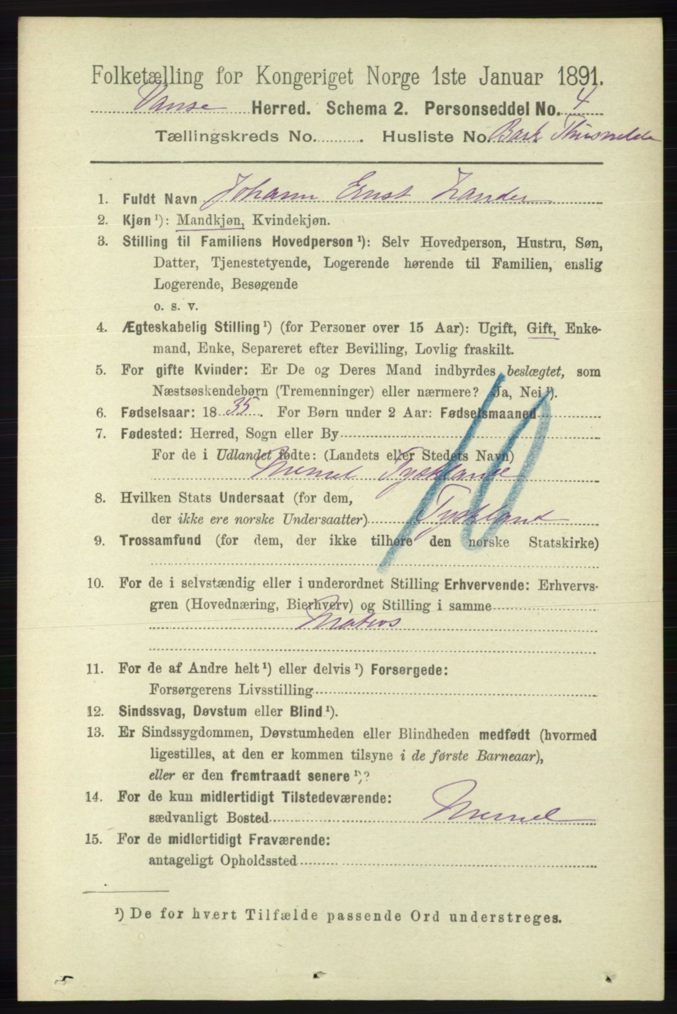 RA, 1891 census for 1041 Vanse, 1891, p. 7795