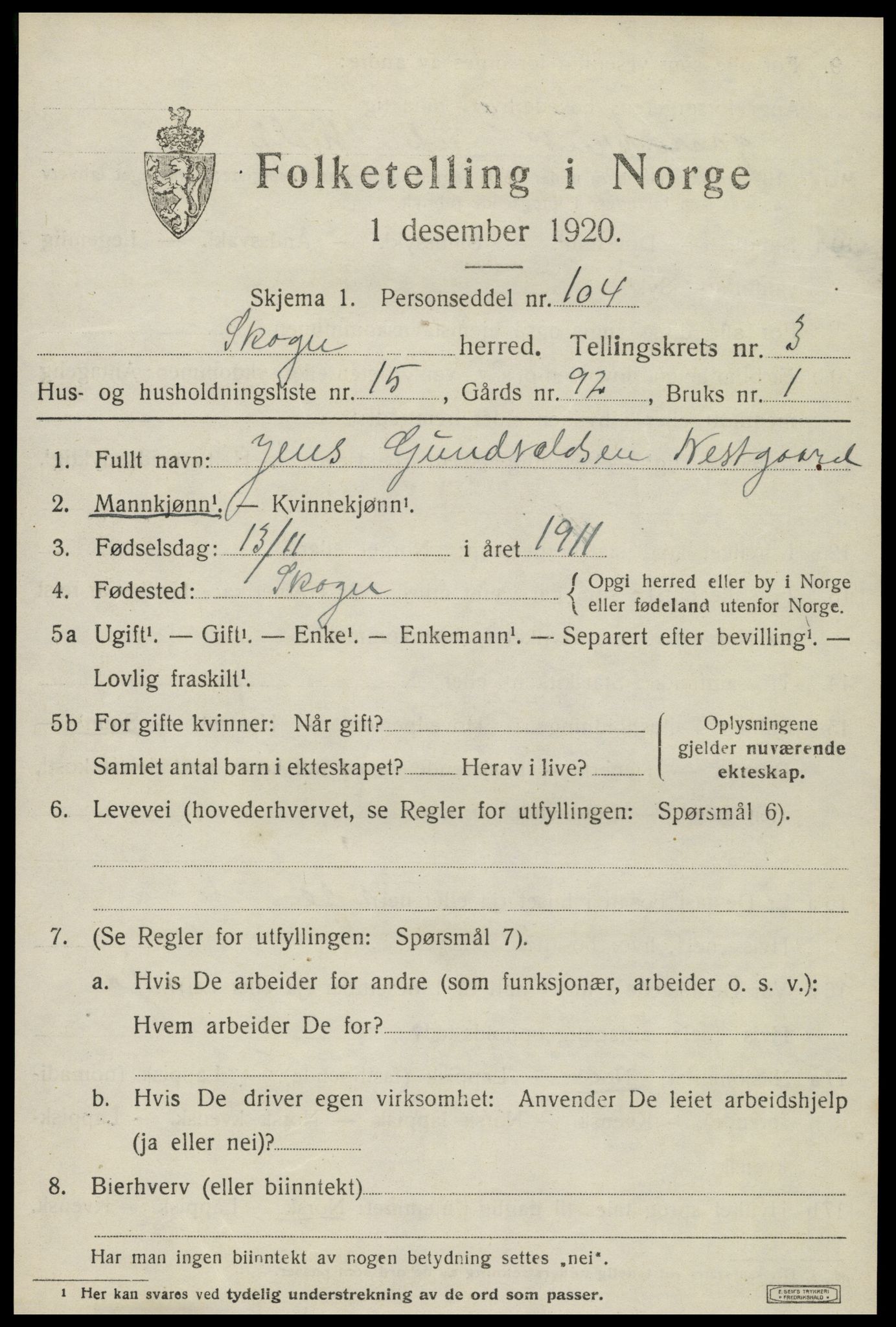 SAT, 1920 census for Skogn, 1920, p. 4801