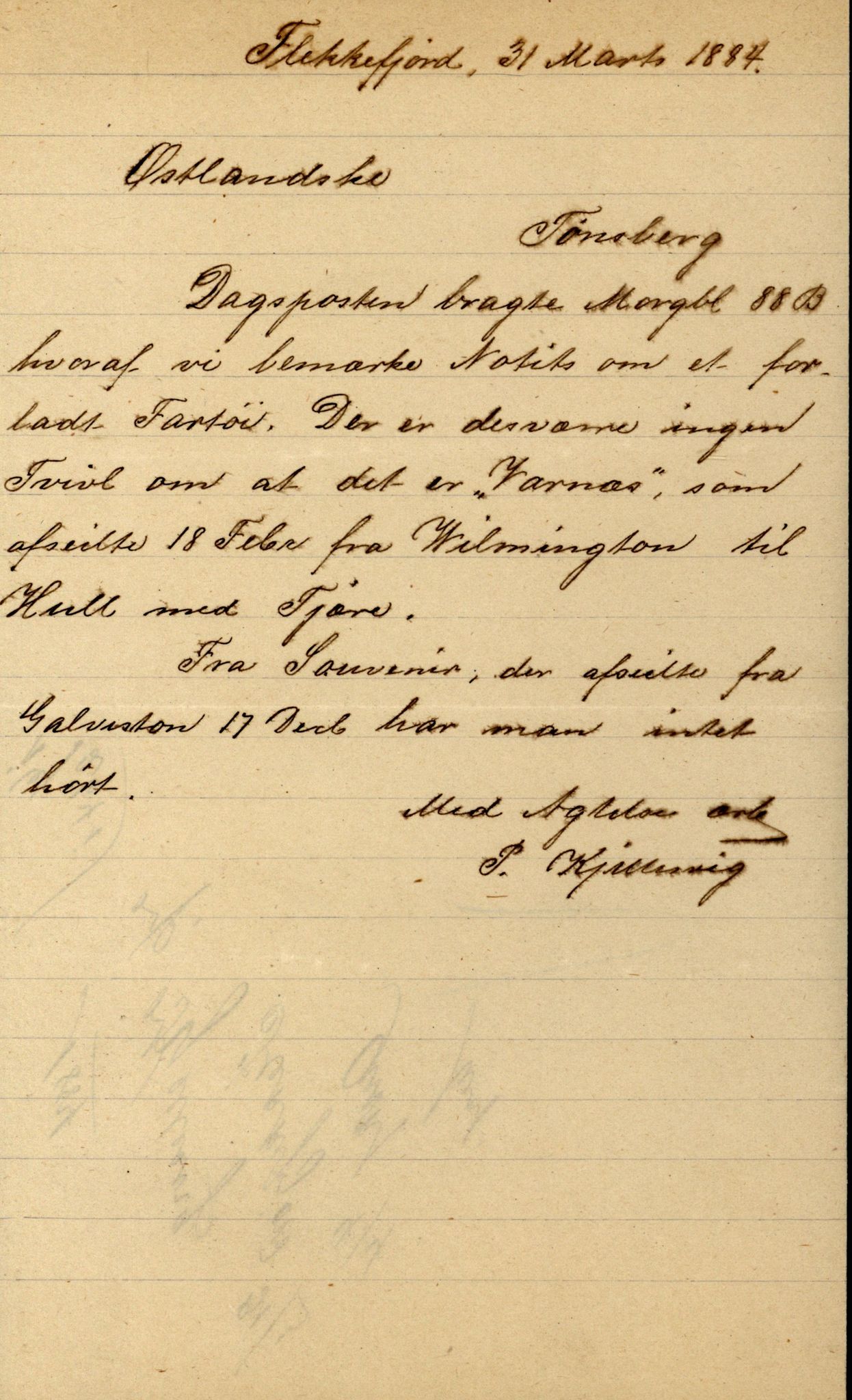 Pa 63 - Østlandske skibsassuranceforening, VEMU/A-1079/G/Ga/L0017/0009: Havaridokumenter / Agnese, Agnes, Adelphia, Kvik, Varnæs, 1884, p. 101