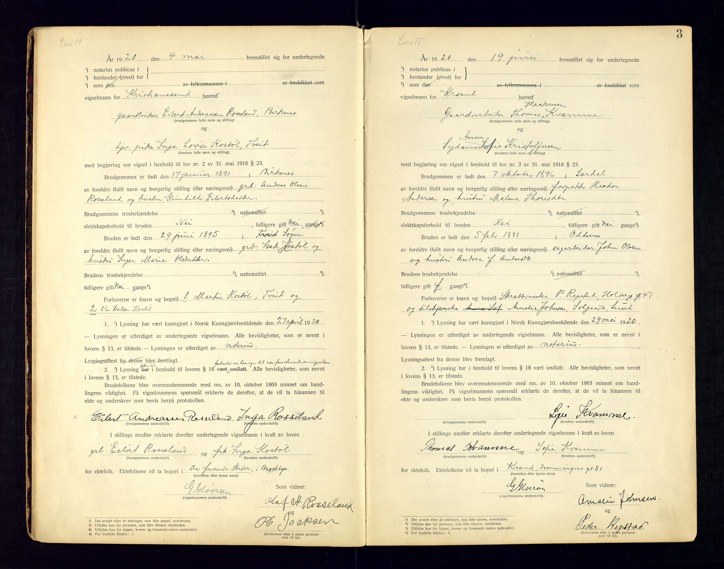 Kristiansand byrett - 2, AV/SAK-1223-0002/I/Ib/L0147/0001: Vielsesprotokoller / Vigselbok, 1920-1936, p. 3