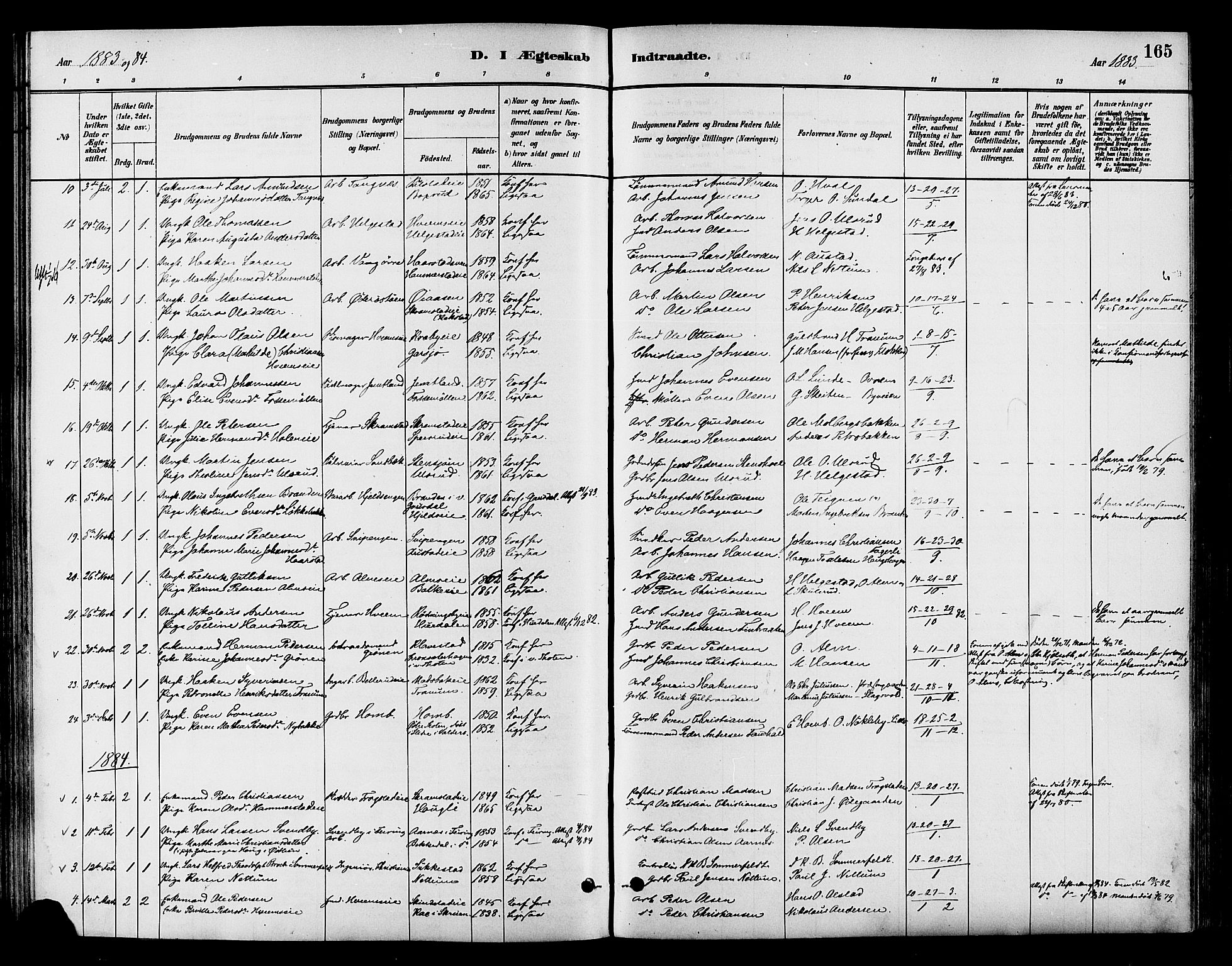 Østre Toten prestekontor, SAH/PREST-104/H/Ha/Haa/L0007: Parish register (official) no. 7, 1881-1896, p. 165