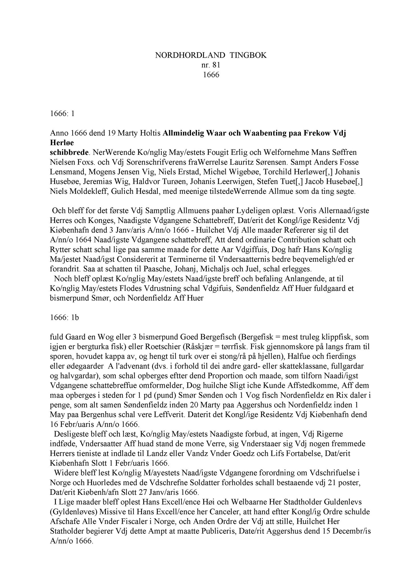 Samling av fulltekstavskrifter, SAB/FULLTEKST/A/12/0110: Nordhordland sorenskriveri, tingbok nr. A 8, 1666