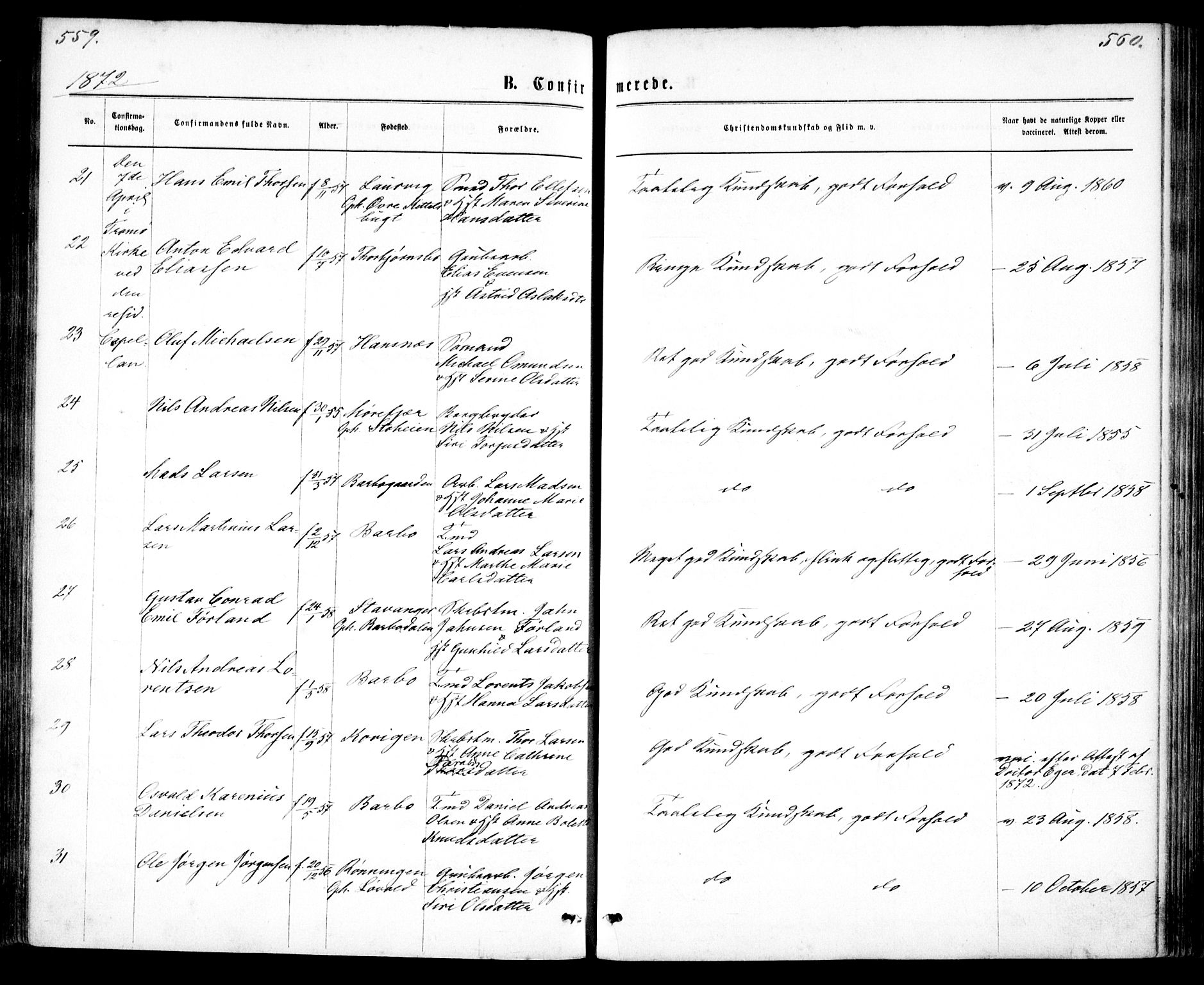 Tromøy sokneprestkontor, AV/SAK-1111-0041/F/Fa/L0008: Parish register (official) no. A 8, 1870-1877, p. 559-560