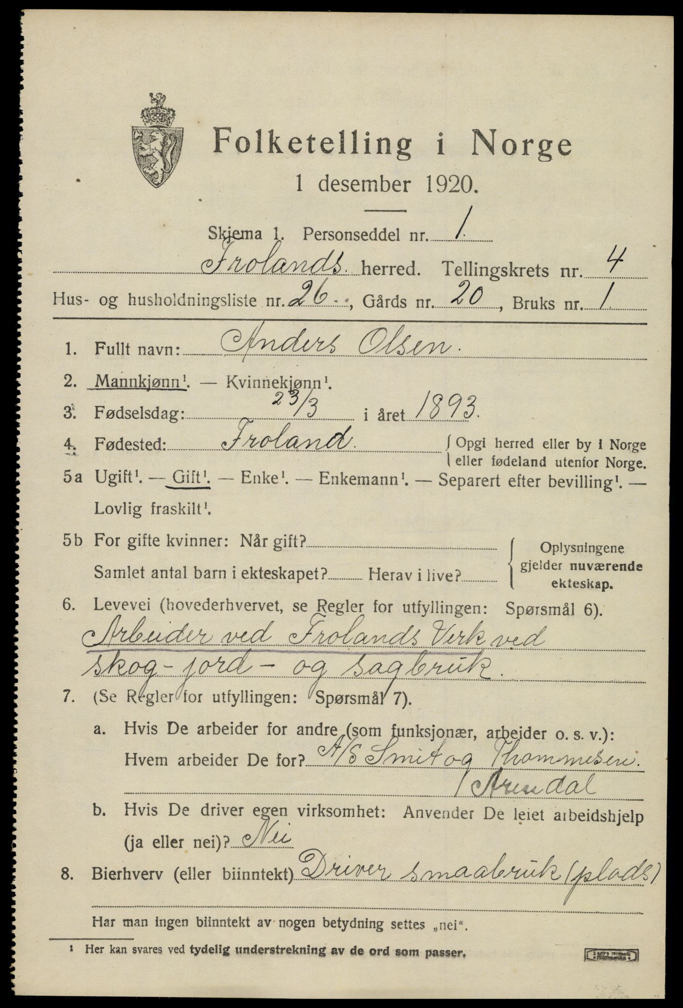 SAK, 1920 census for Froland, 1920, p. 3403