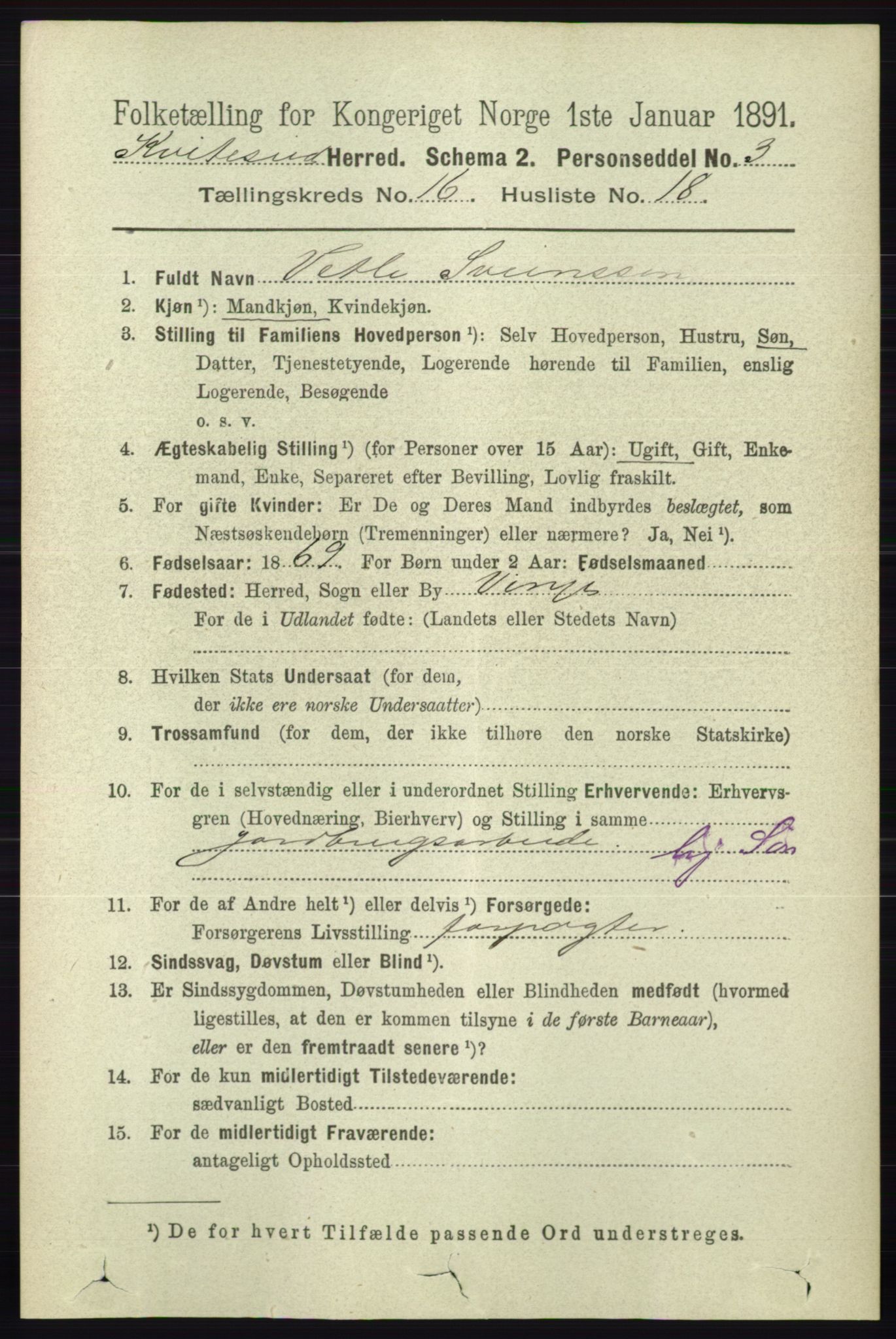 RA, 1891 census for 0829 Kviteseid, 1891, p. 3743