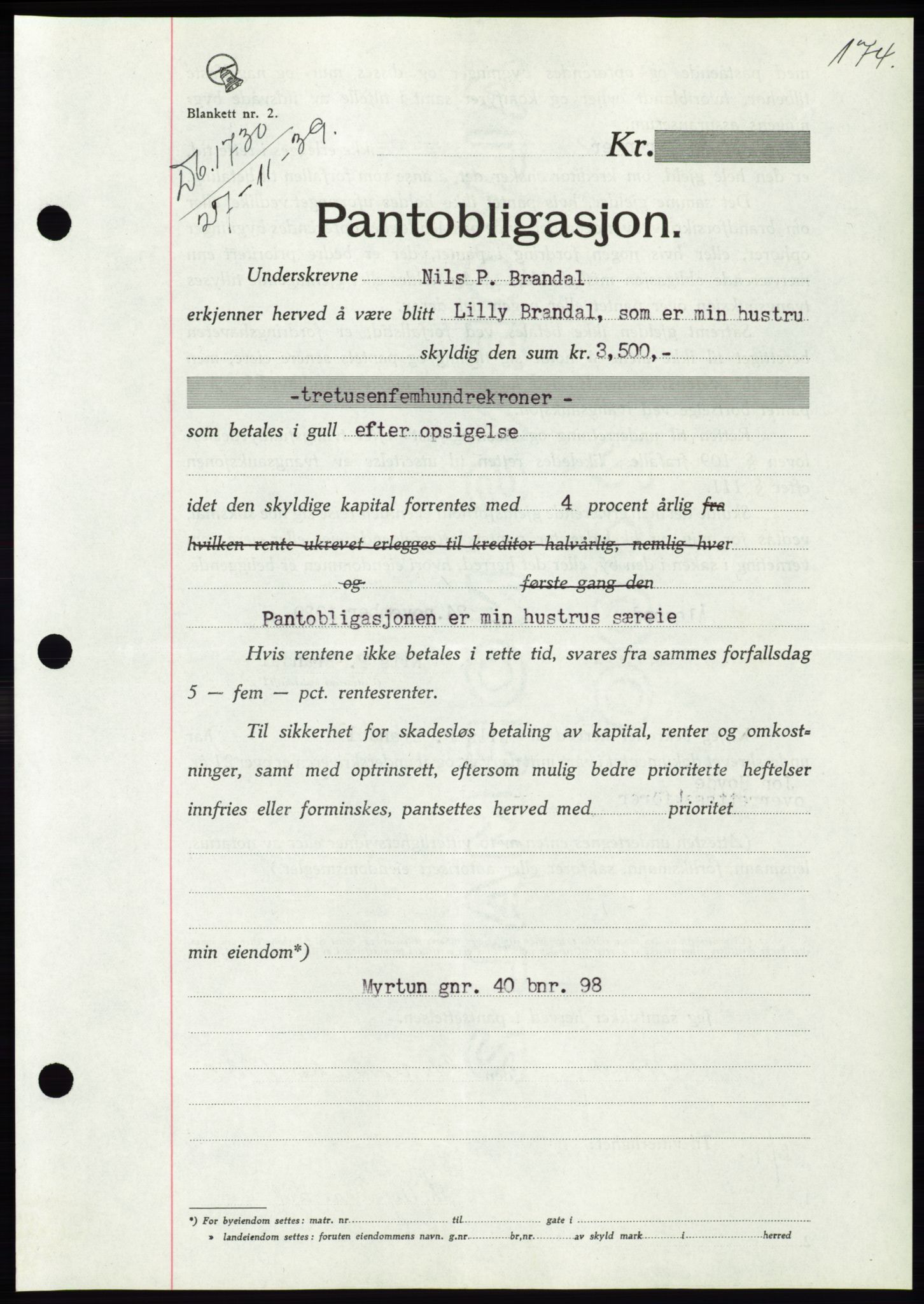 Søre Sunnmøre sorenskriveri, AV/SAT-A-4122/1/2/2C/L0069: Mortgage book no. 63, 1939-1940, Diary no: : 1730/1939