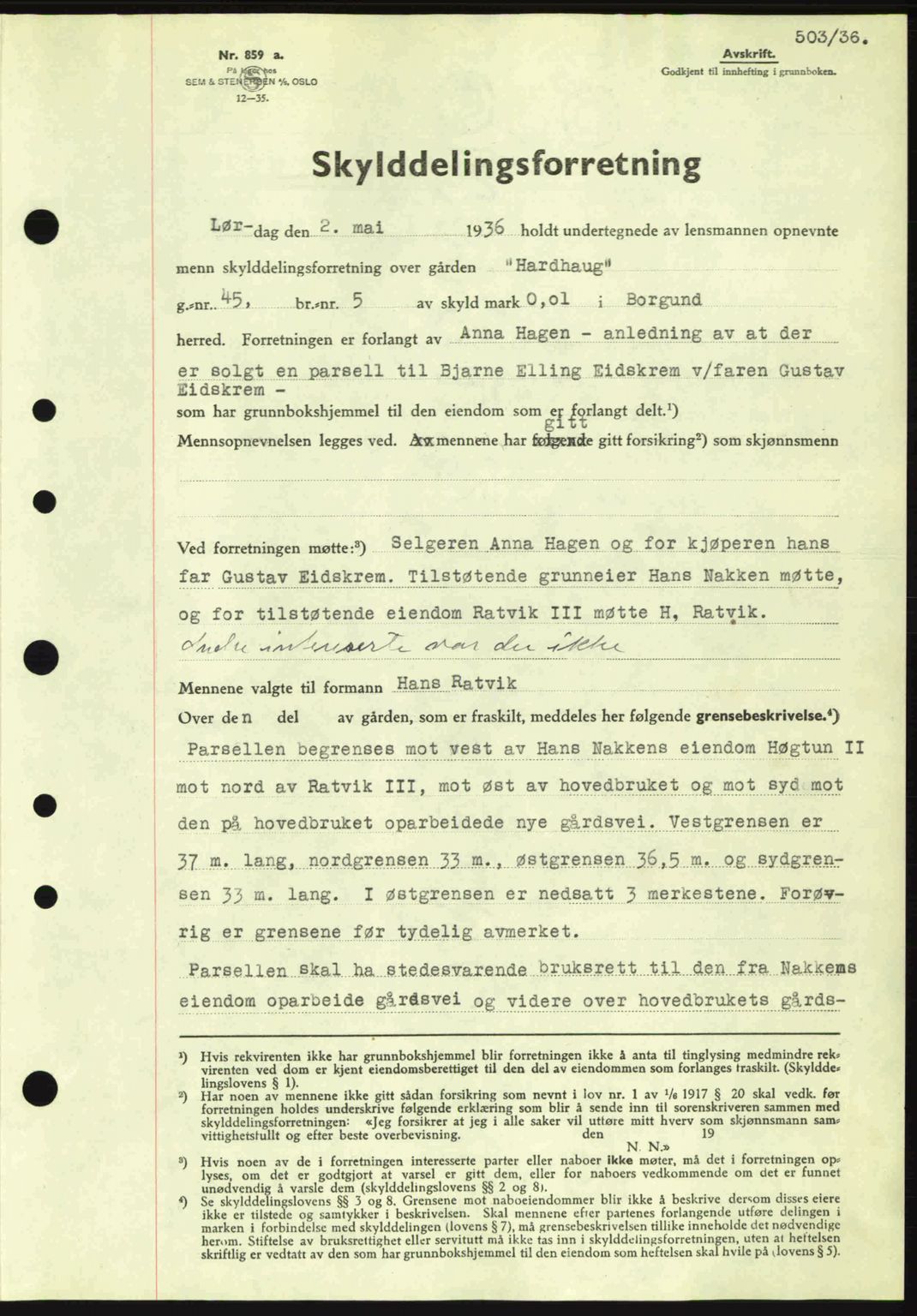 Nordre Sunnmøre sorenskriveri, AV/SAT-A-0006/1/2/2C/2Ca: Mortgage book no. A1, 1936-1936, Diary no: : 503/1936