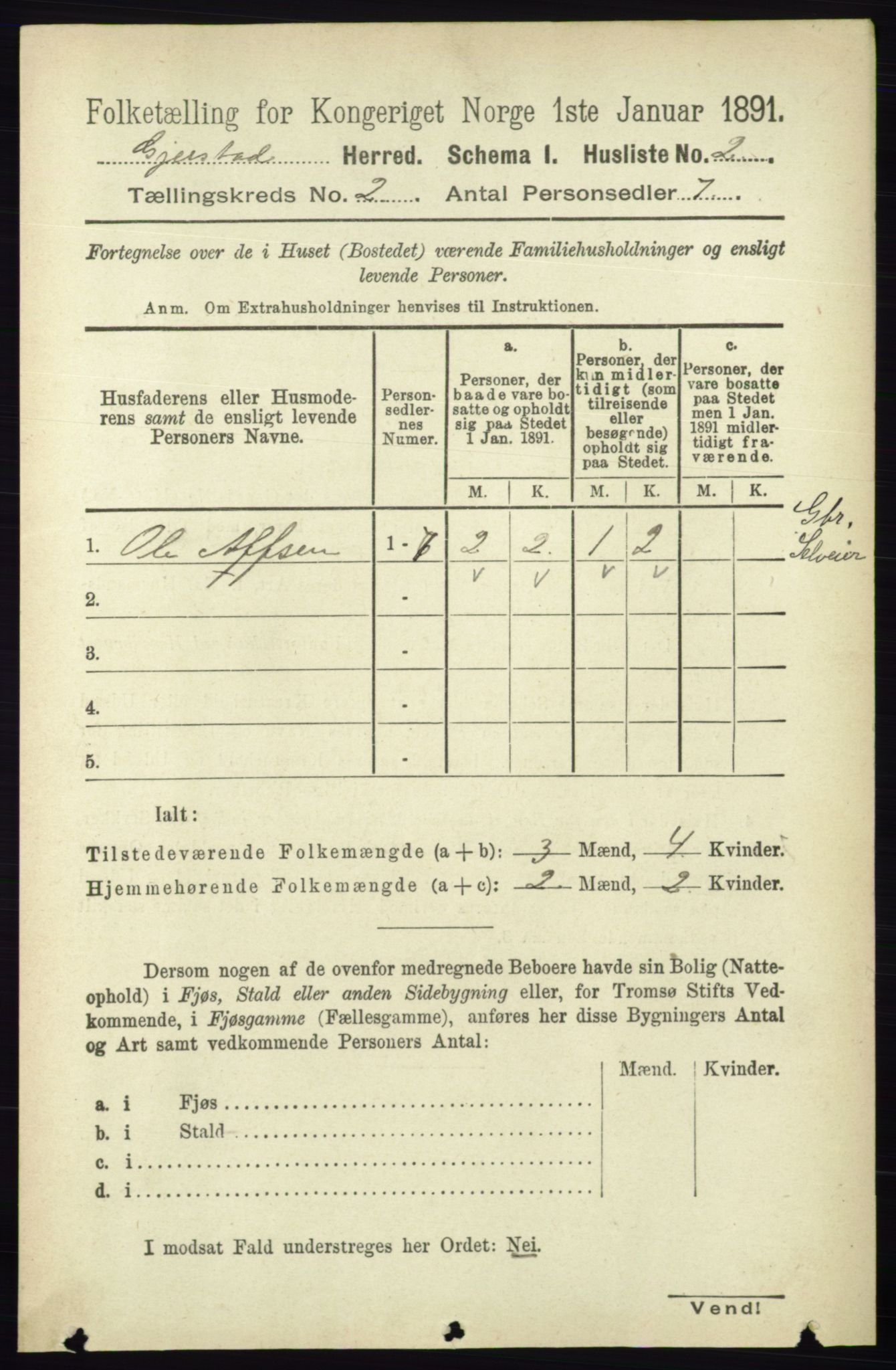 RA, 1891 census for 0911 Gjerstad, 1891, p. 595