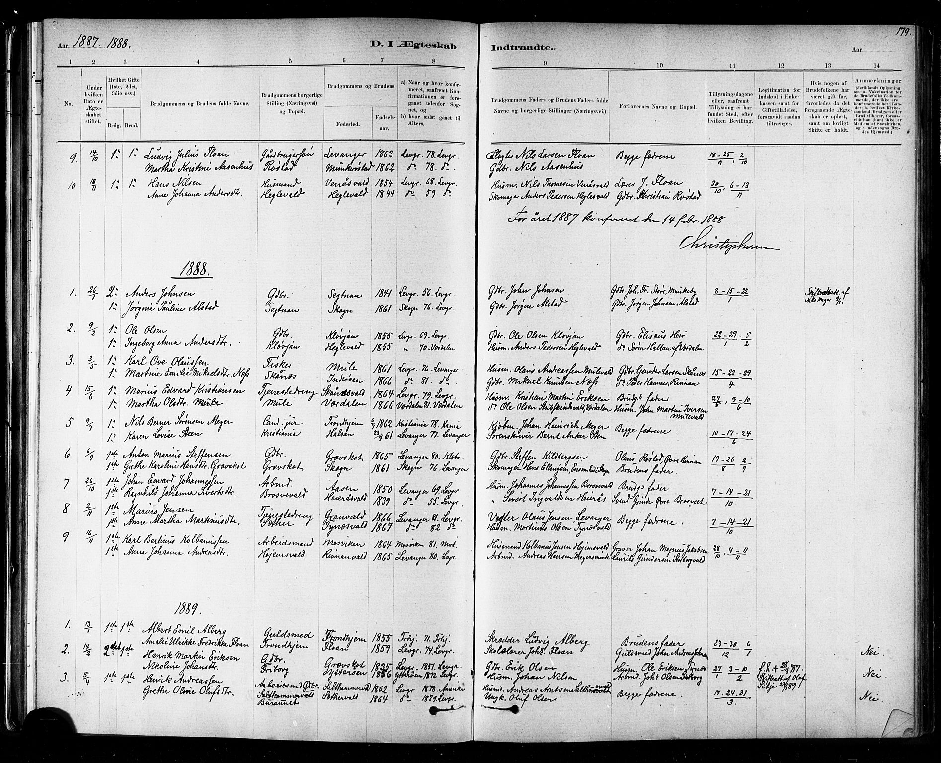 Ministerialprotokoller, klokkerbøker og fødselsregistre - Nord-Trøndelag, AV/SAT-A-1458/721/L0208: Parish register (copy) no. 721C01, 1880-1917, p. 179