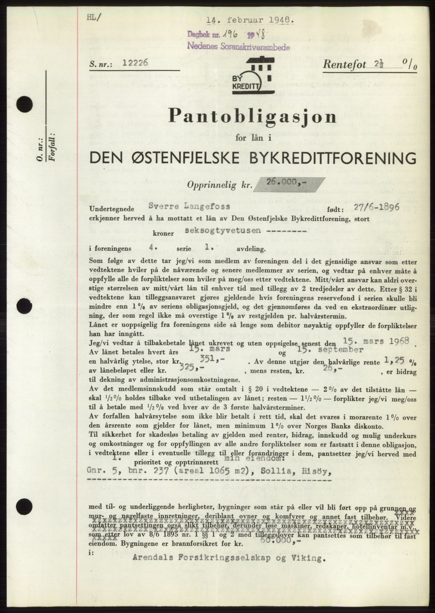 Nedenes sorenskriveri, AV/SAK-1221-0006/G/Gb/Gbb/L0005: Mortgage book no. B5, 1948-1948, Diary no: : 196/1948