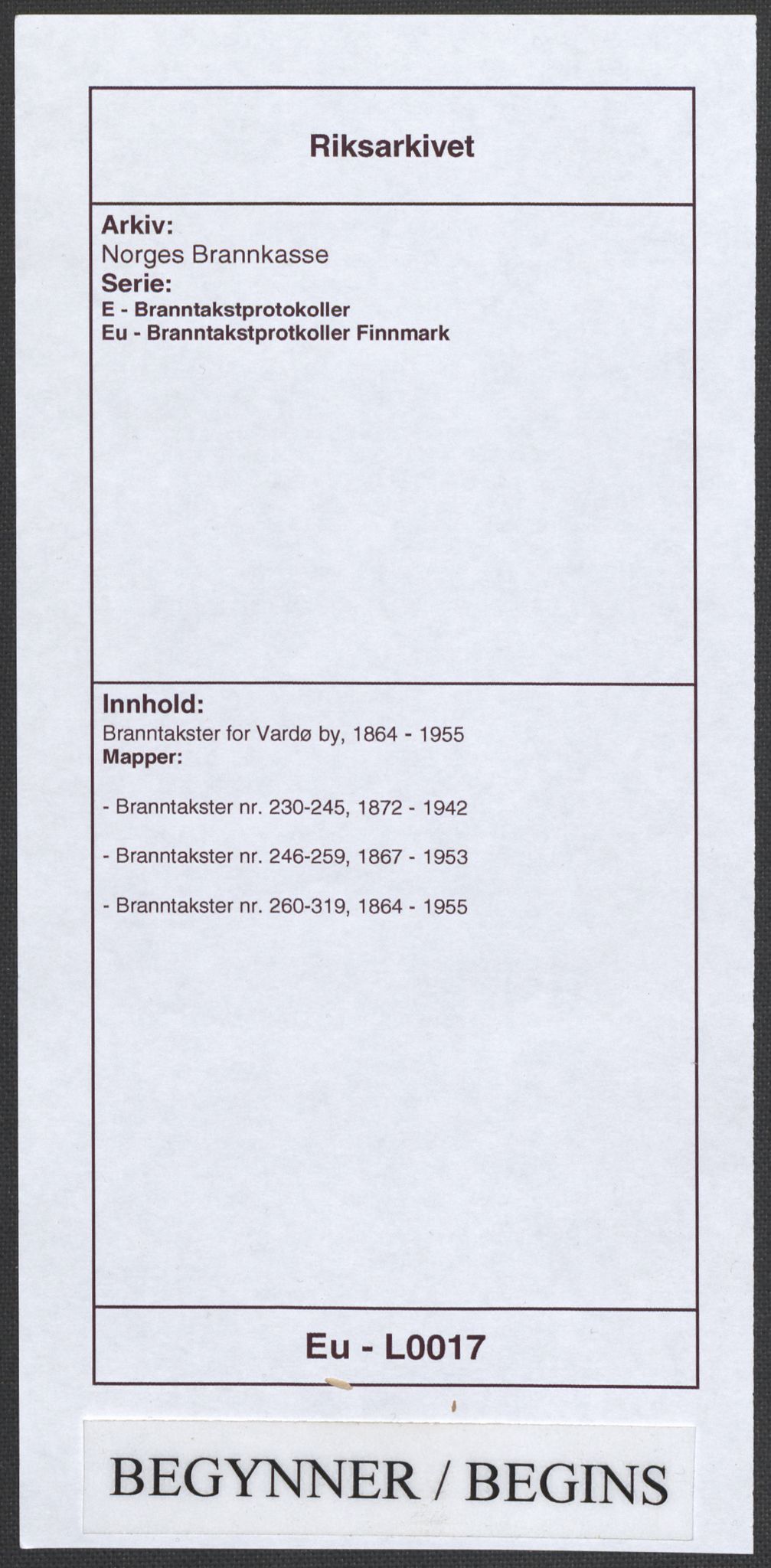 Norges Brannkasse, AV/RA-S-1549/E/Eu/L0017: Branntakster for Vardø by, 1864-1955, p. 1